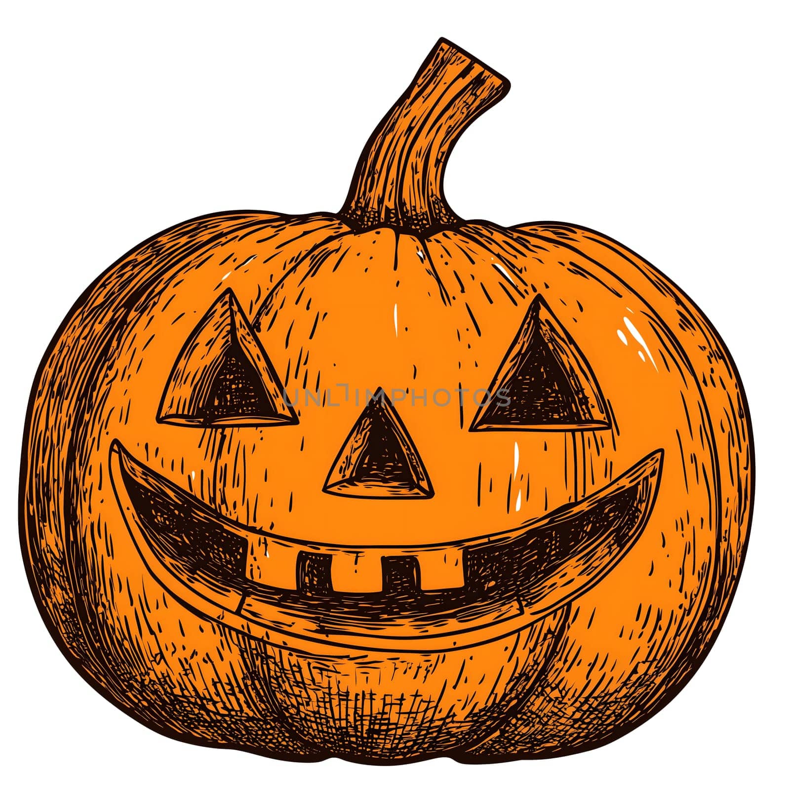 Hand-drawn illustration of a jack-o-lantern pumpkin with a smiling face, perfect for Halloween decorations or designs.