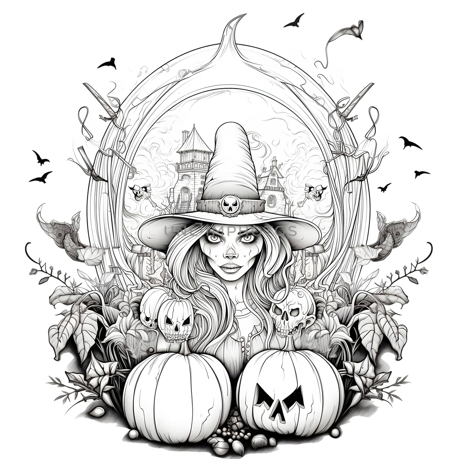 A hand-drawn illustration of a beautiful witch with a pointed hat and a spooky background. She is surrounded by bats, pumpkins, and a skull, while a creepy old castle looms in the distance.