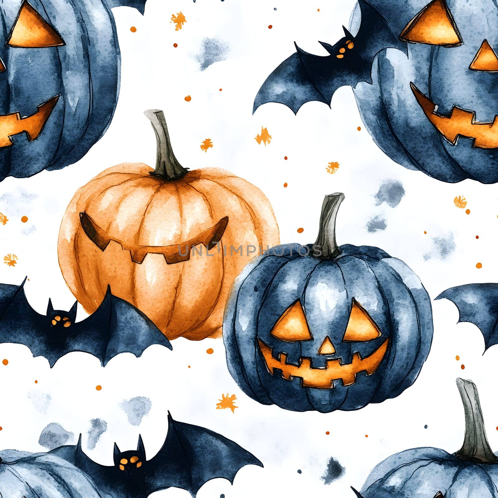 Watercolor painting of pumpkins with scary faces and bats flying around them, perfect for Halloween. This artwork is perfect for your digital and printed projects.