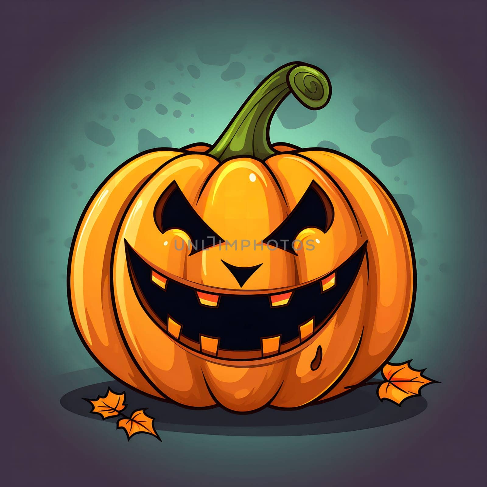 A classic Halloween jack-o'-lantern with a scary grin and sharp teeth.