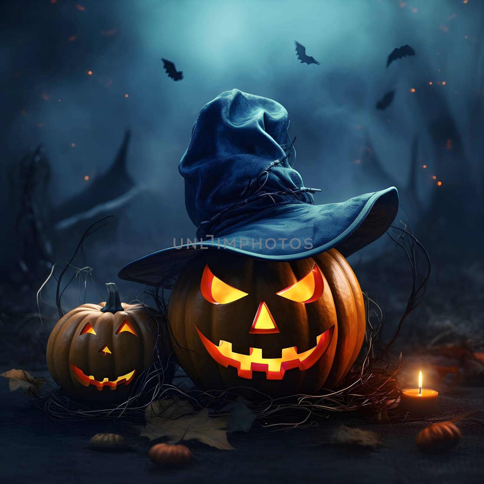A jack-o'-lantern wearing a witch's hat glows in the dark forest. The eerie scene is perfect for Halloween