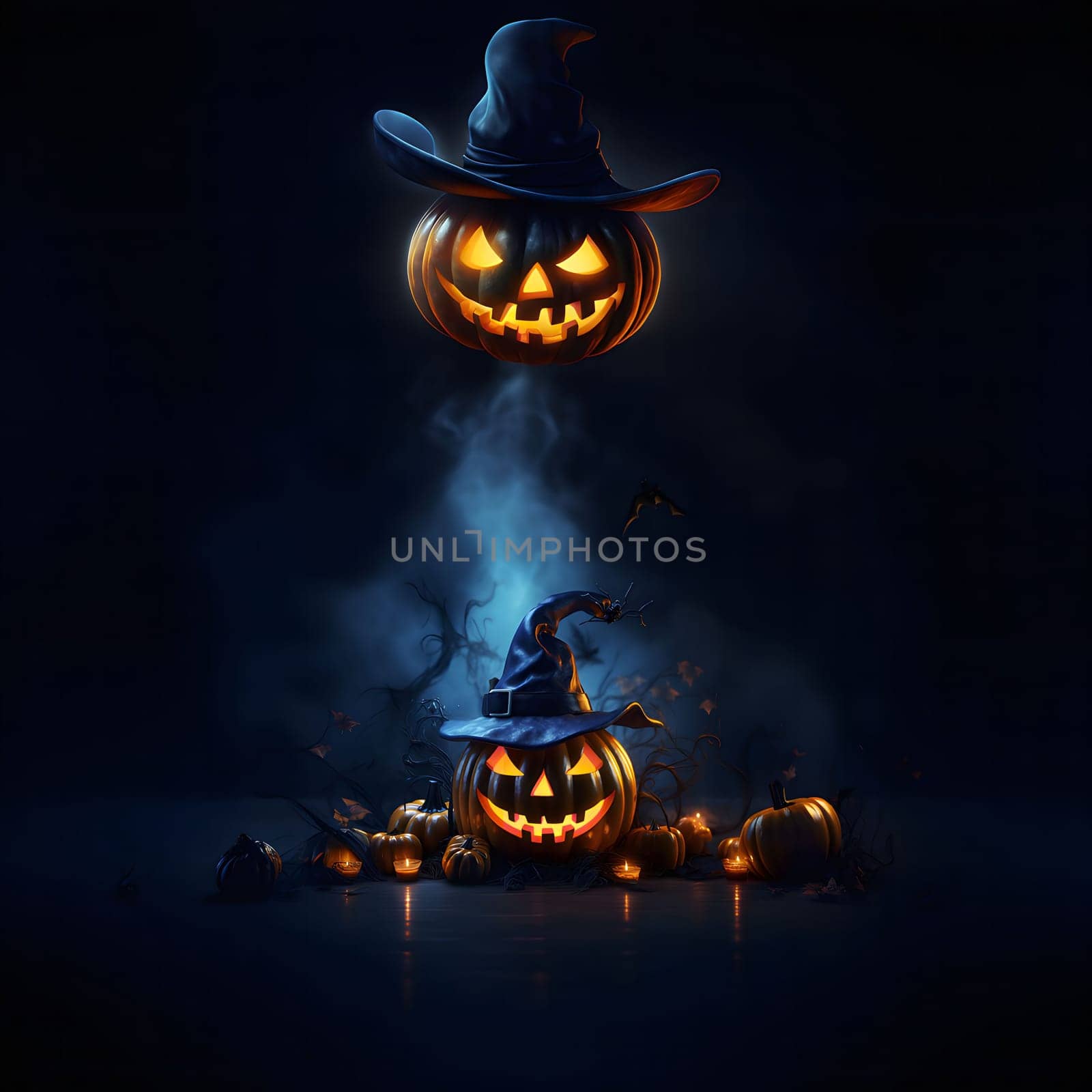 A spooky Halloween scene with glowing jack-o'-lanterns wearing witch hats, surrounded by smoke and shadows.