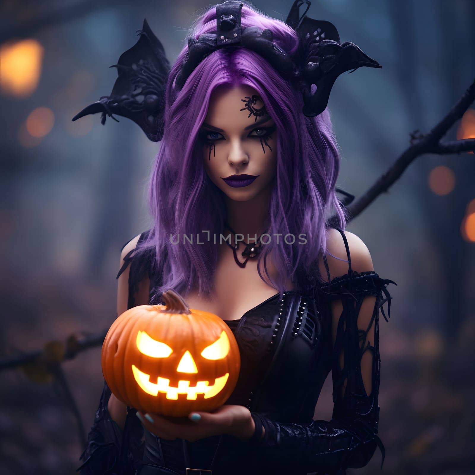A mysterious woman dressed as a witch for halloween, with purple hair and a black costume, holding a lit jack-o'-lantern.