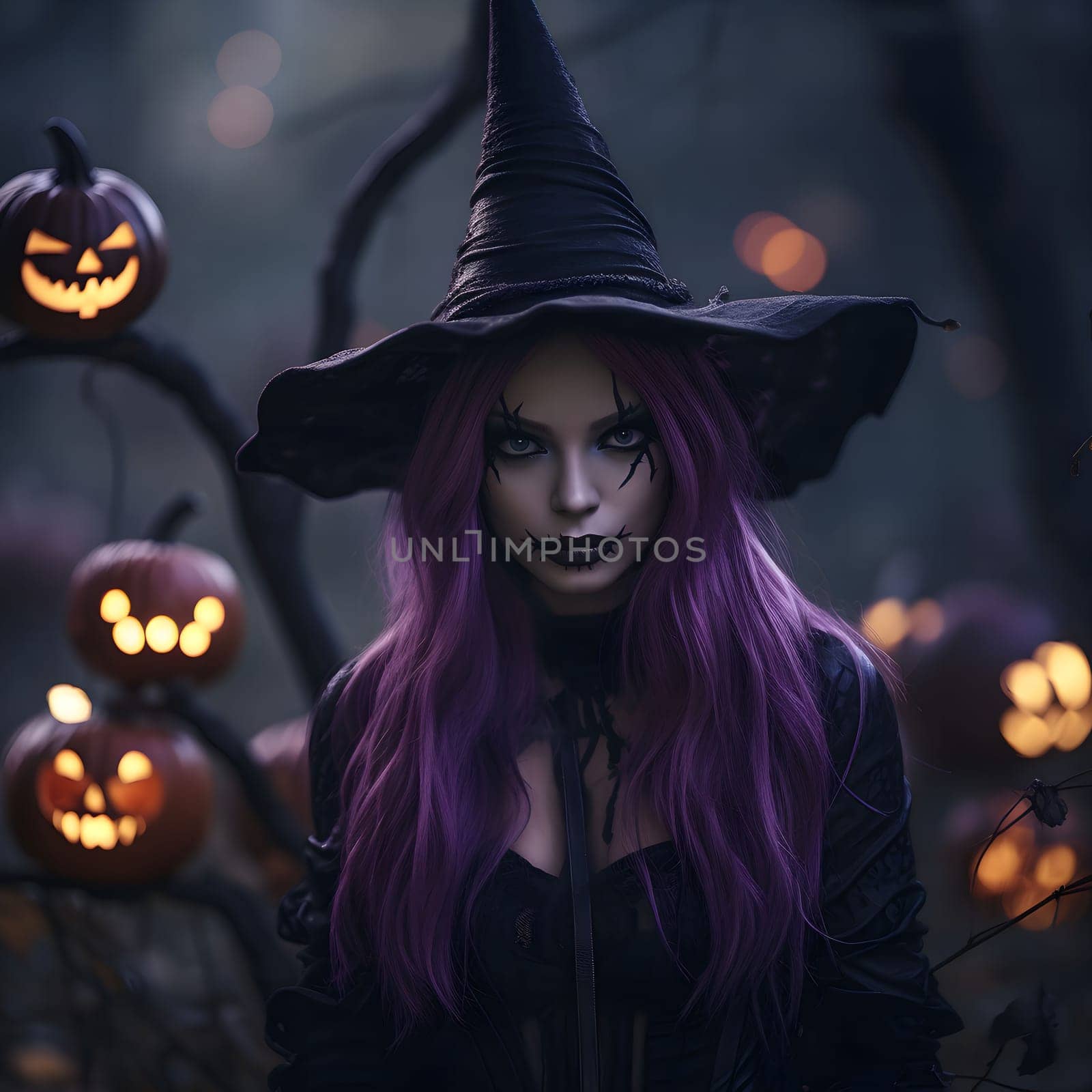 A mysterious witch with purple hair stares intensely with a creepy smile.