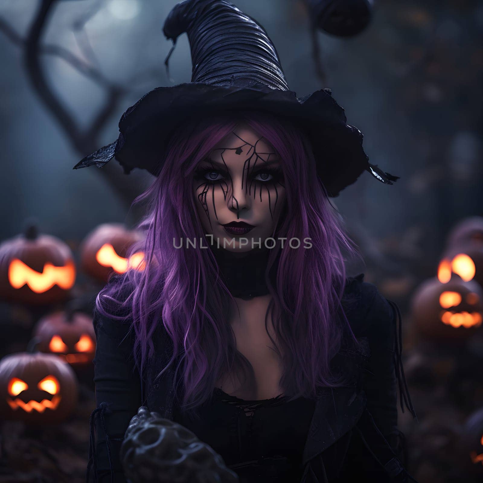 A witch with spooky Halloween makeup, wearing a black pointed hat and purple hair, stands in a forest setting. She has a serious expression, and is surrounded by glowing jack-o-lanterns.