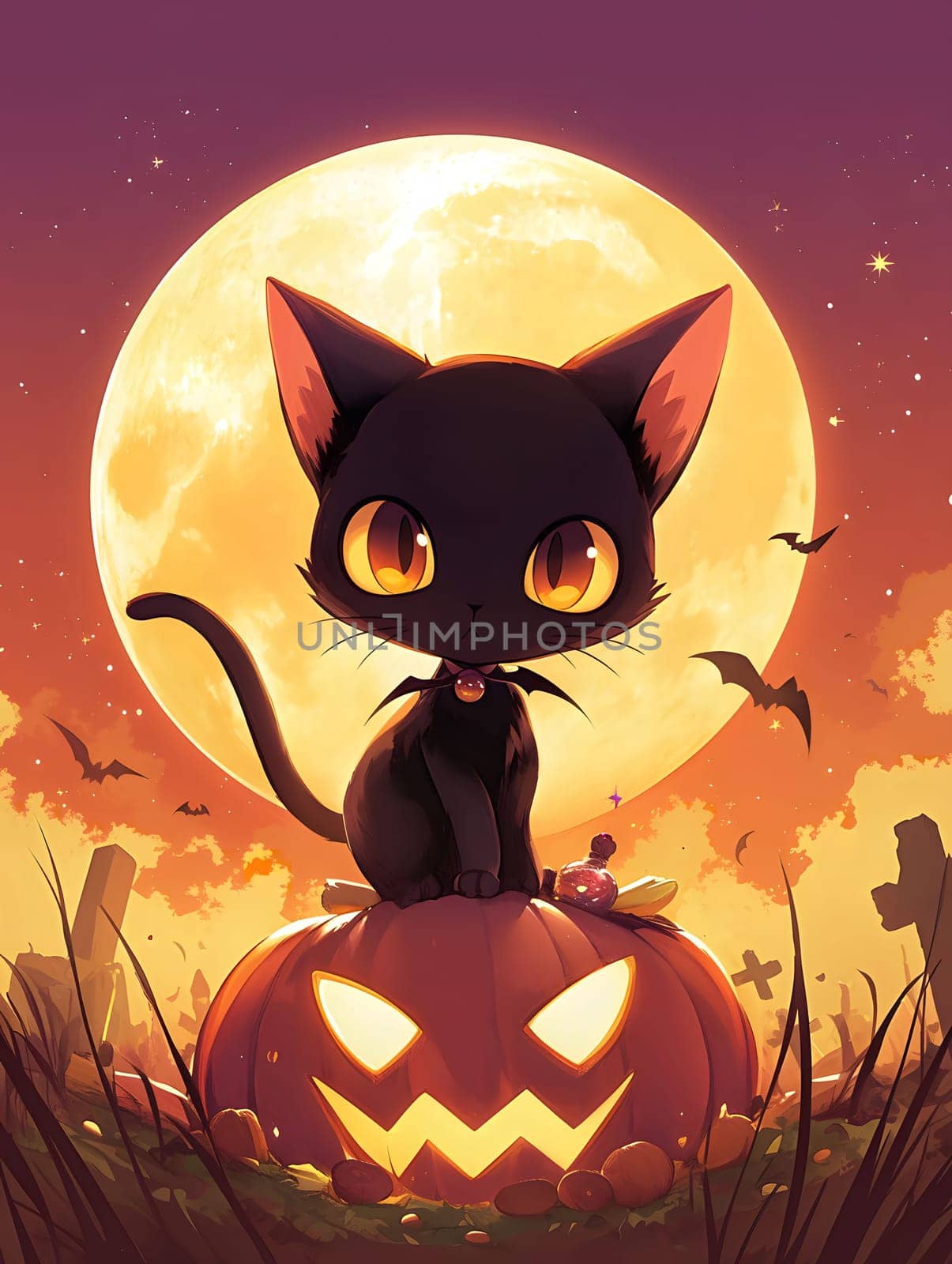 A cute black cat with yellow eyes sits on a glowing jack-o-lantern pumpkin in a spooky graveyard setting under a full moon.
