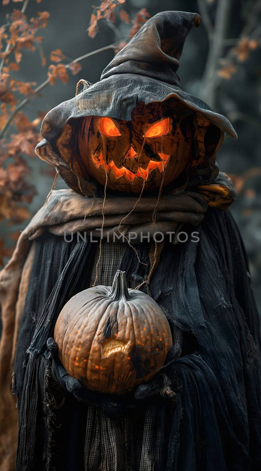 Spooky jack-o-lantern in a dark forest, giving eerie vibes for Halloween