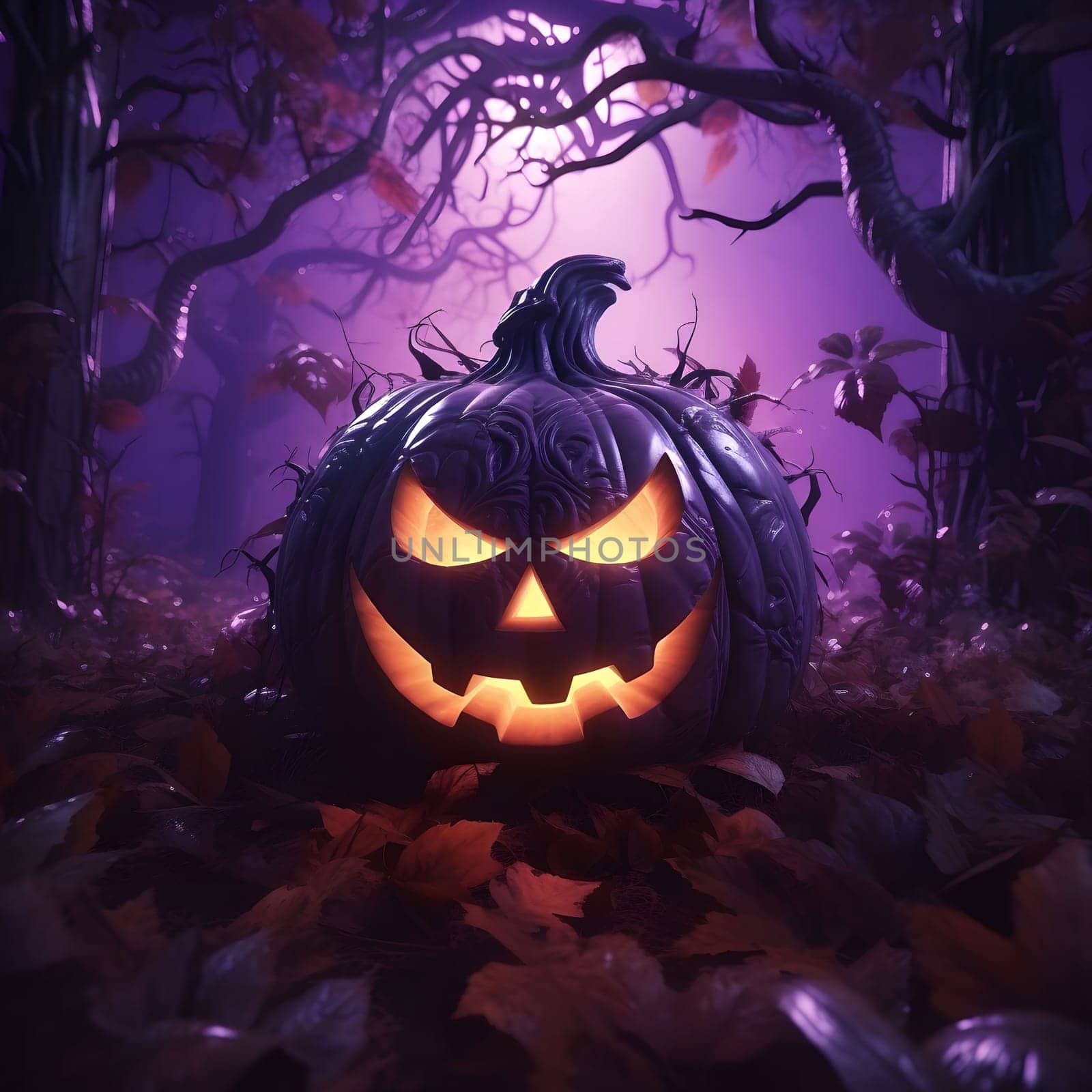 A spooky Halloween pumpkin with a menacing grin is illuminated in a dark, shadowy forest.