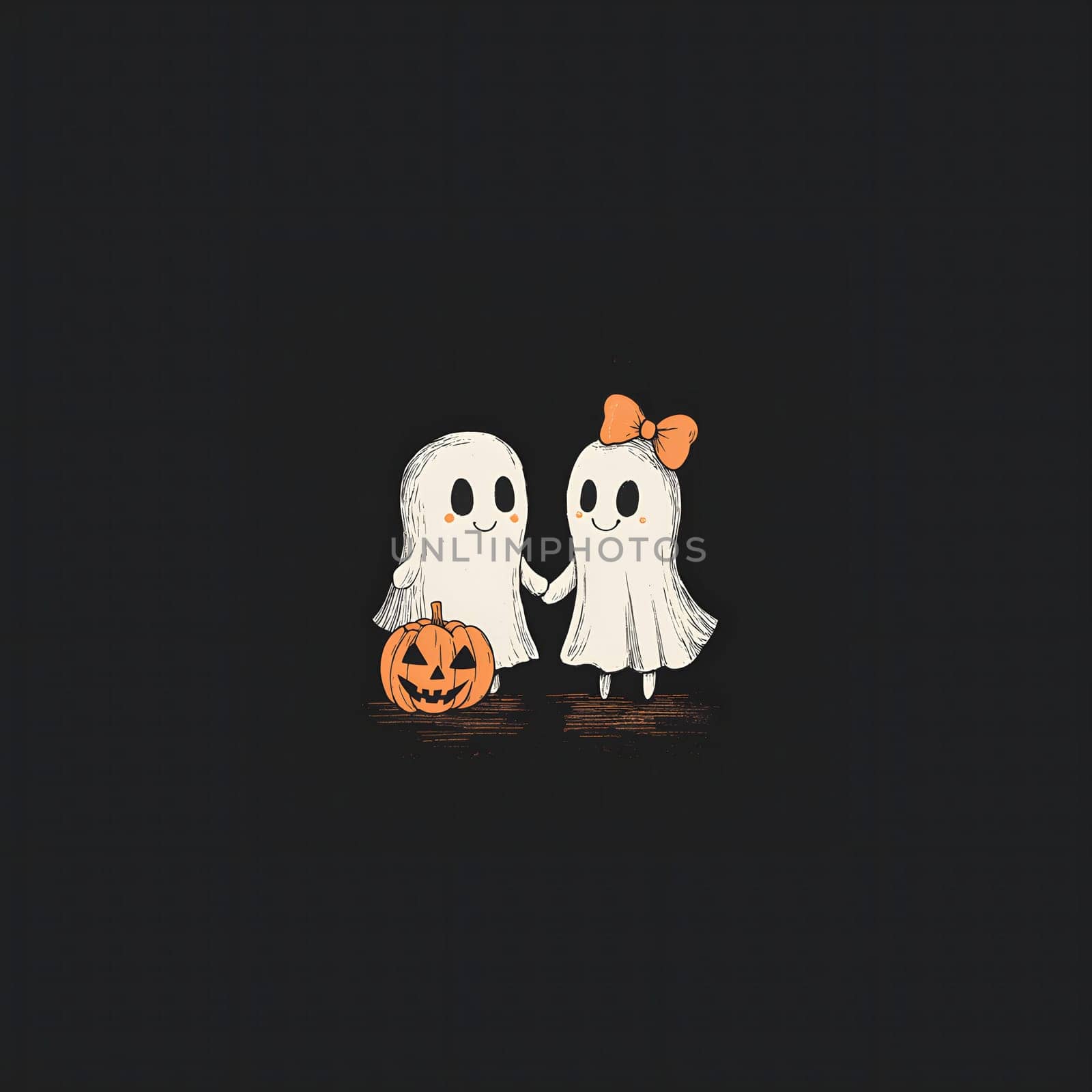 Two cute cartoon ghosts in a playful pose with a pumpkin. Halloween holiday illustration