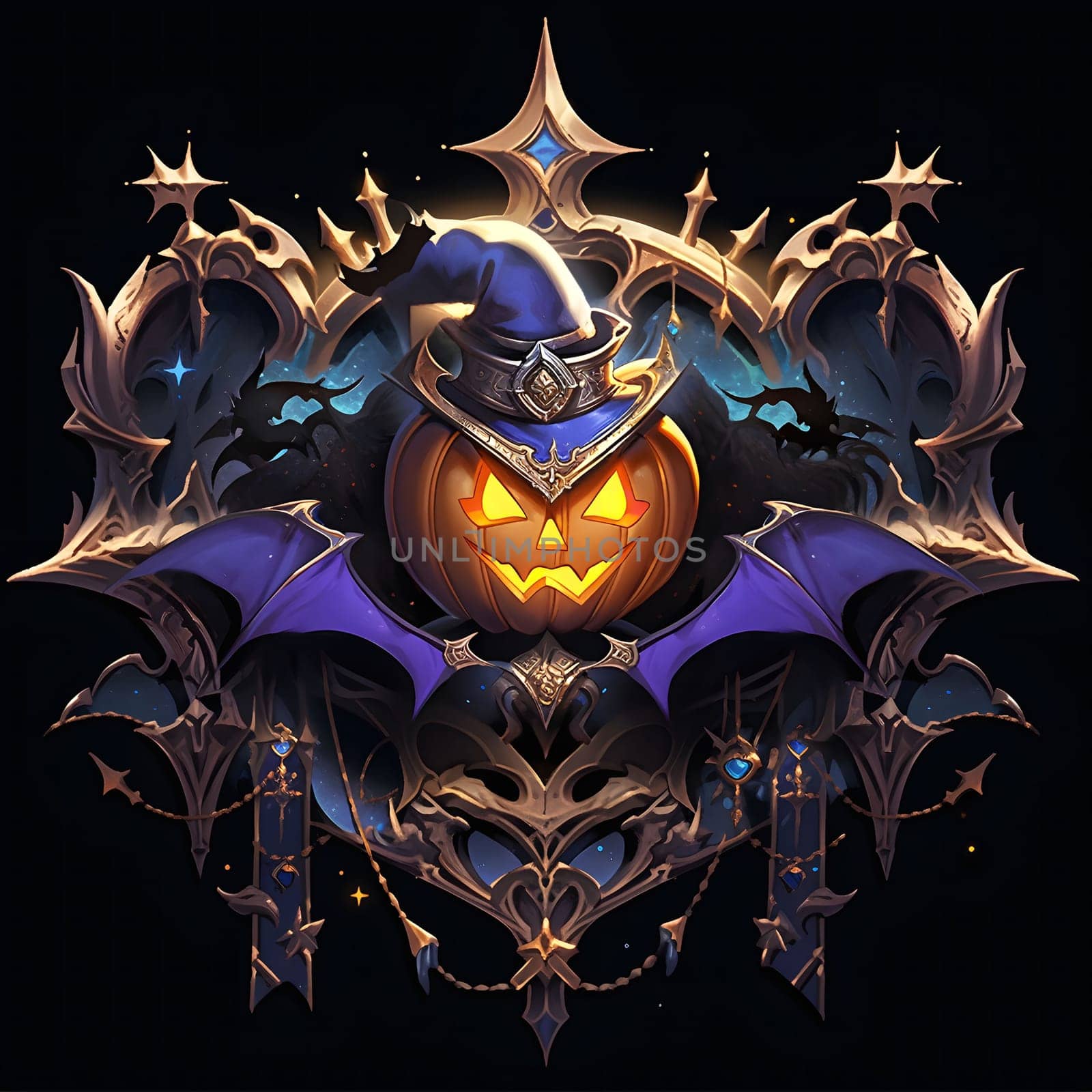 A digital illustration of a carved pumpkin wearing a crown, set against a dark background with intricate details and a gothic style.