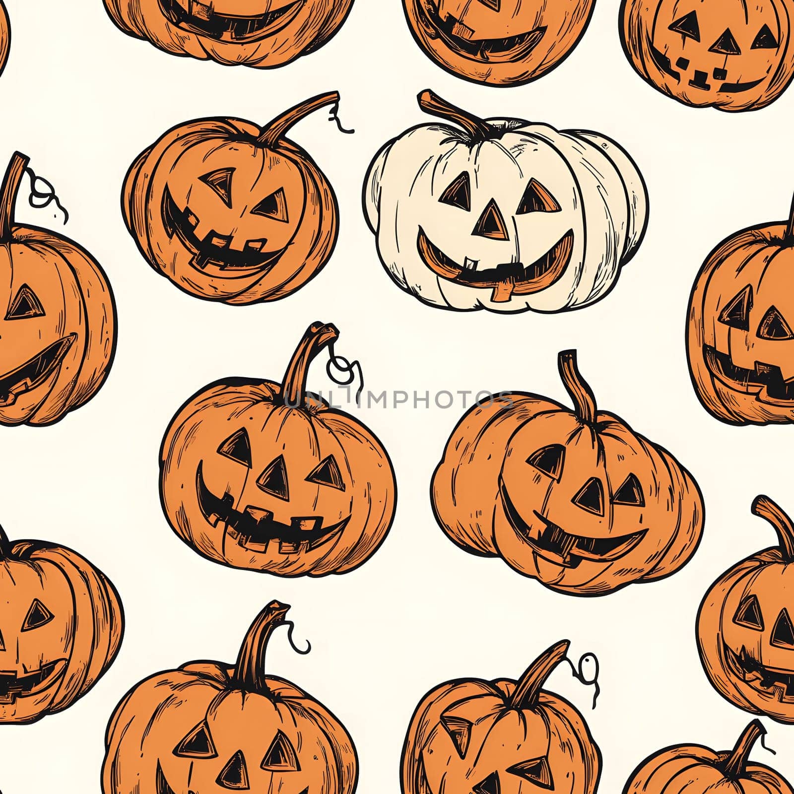 Hand-drawn illustration of Jack-o-Lantern pumpkins with scary, cute and grinning faces for Halloween. This seamless pattern design is perfect for background, digital art, cards and decorations.