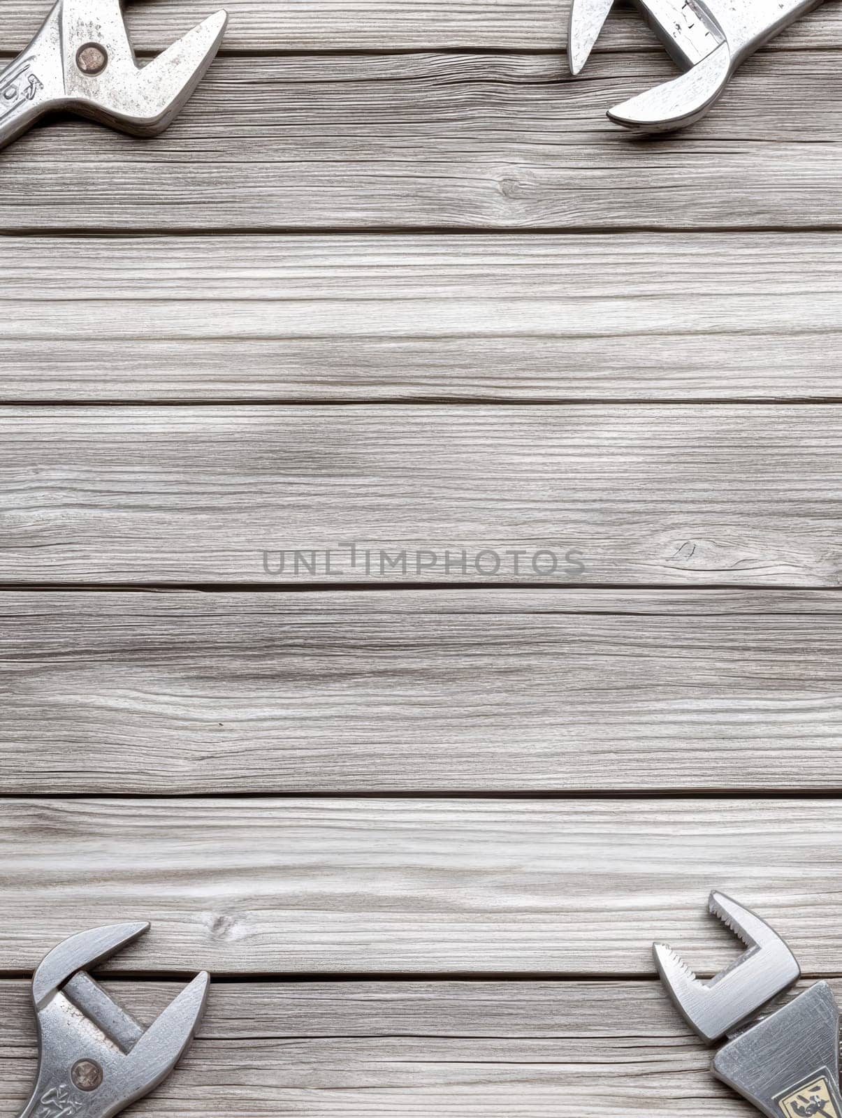 Weathered wooden planks background with metal wrenches partially visible, providing copy space for DIY, construction, or carpentry concepts.