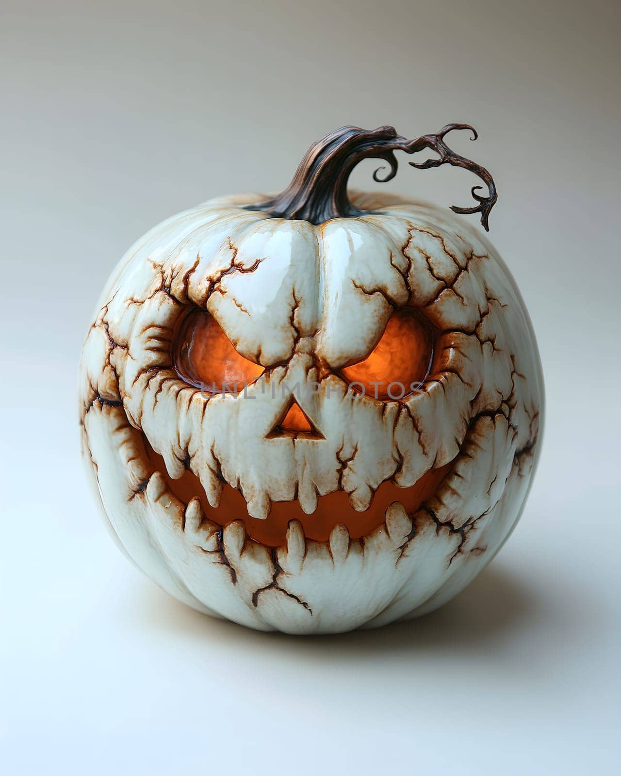 A spooky white jack-o'-lantern with glowing orange eyes and a sinister grin, illuminated against a white backdrop. The pumpkin's cracked surface enhances the creepy atmosphere.