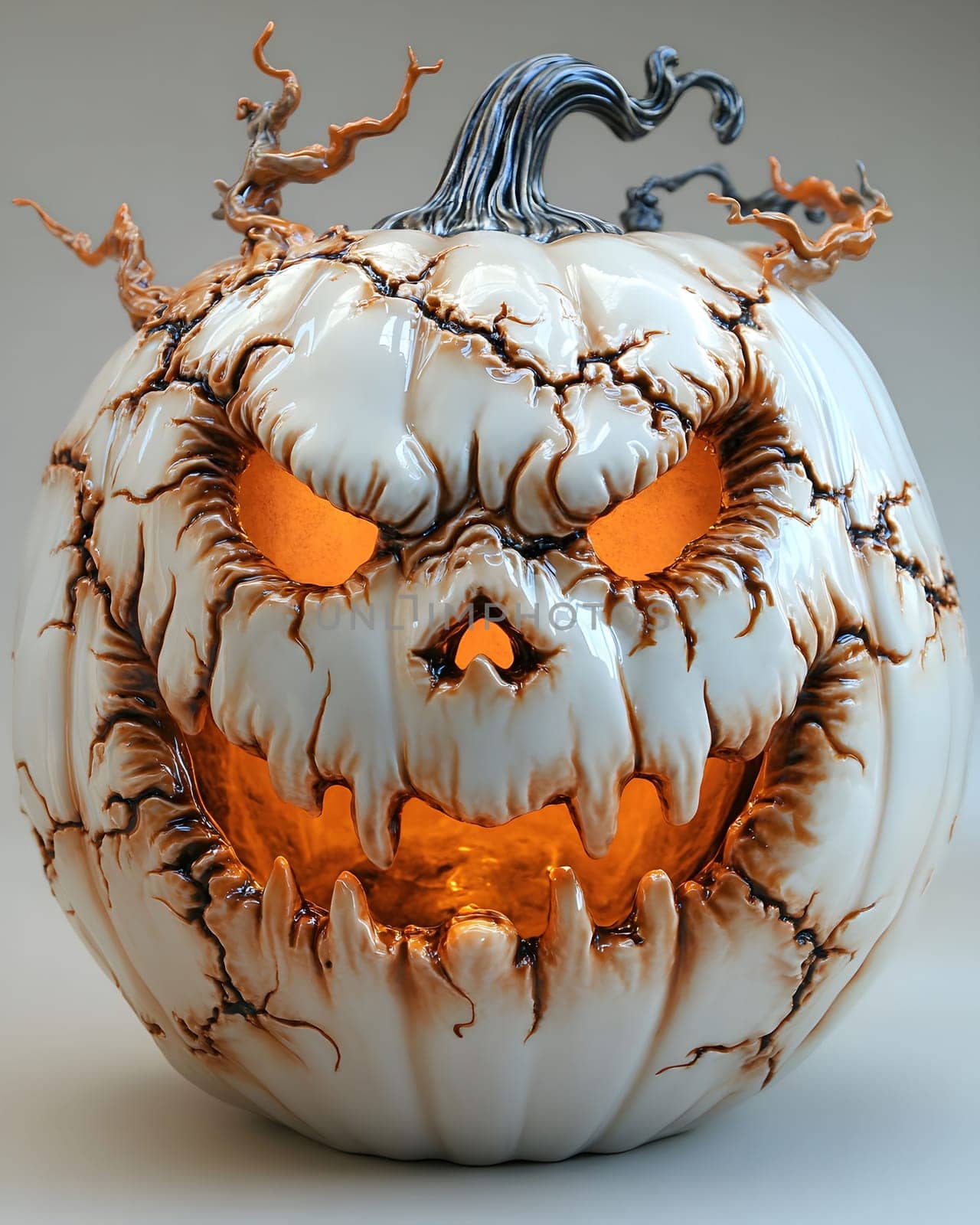 A ceramic jack-o-lantern with a creepy smile and glow