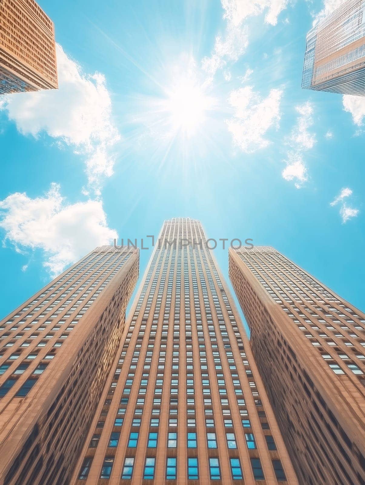 Low angle view of modern skyscrapers stretching towards a bright blue sky with fluffy white clouds, symbolizing urban growth and ambition.