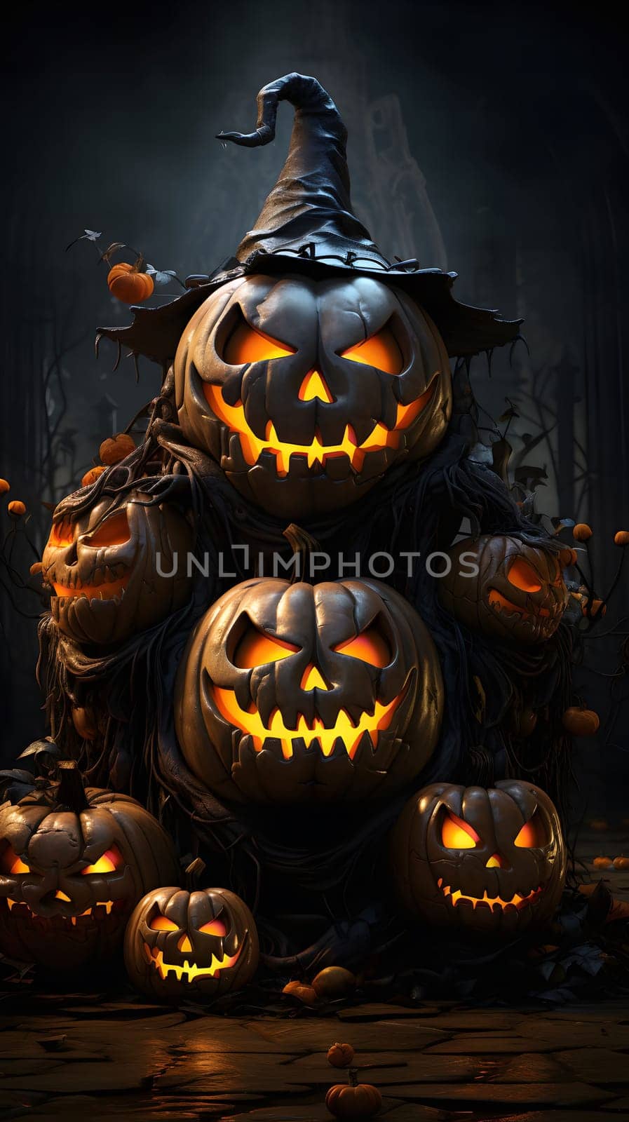 A group of lit jack-o'-lantern pumpkins are piled on top of each other in a dark forest setting. They are all carved with scary faces.