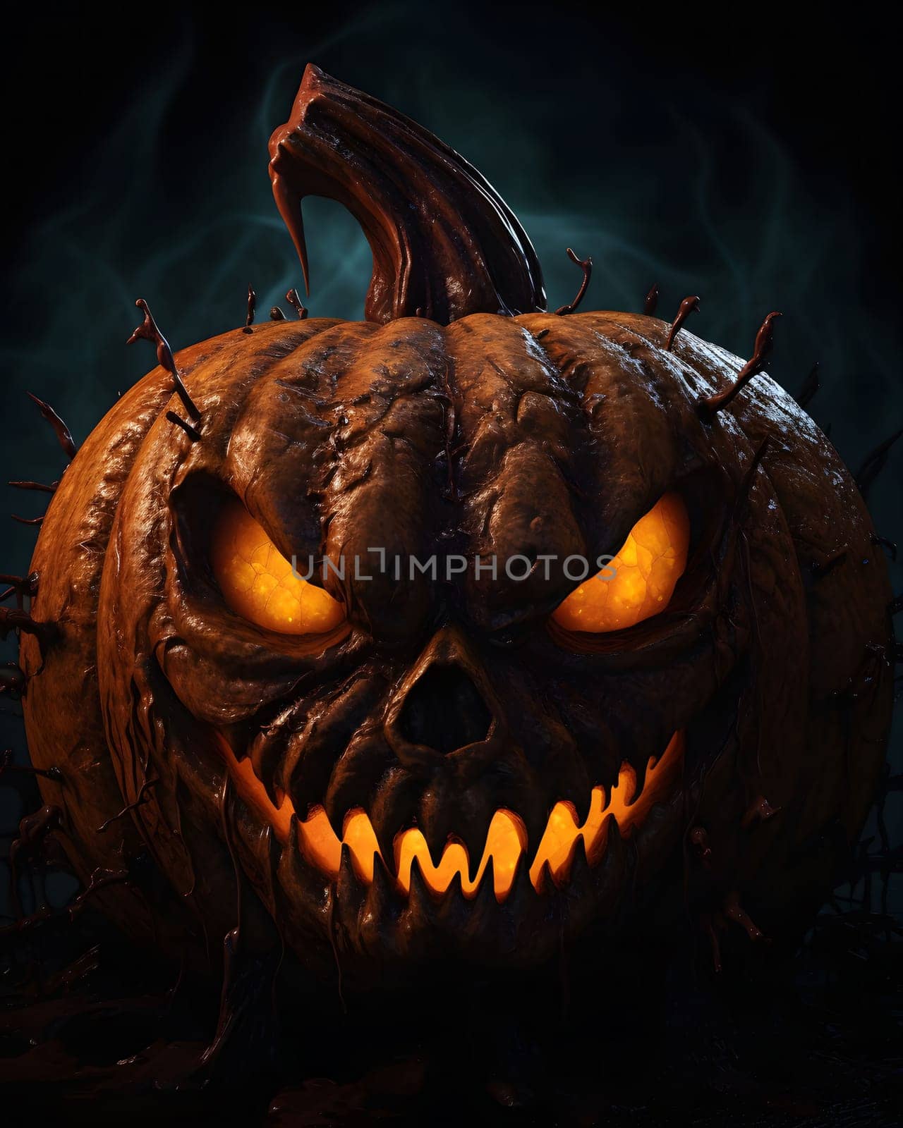 A close up of a creepy jack-o-lantern with a evil grin and glowing eyes. The pumpkin is carved with a scary face and has a dark, shadowy background.