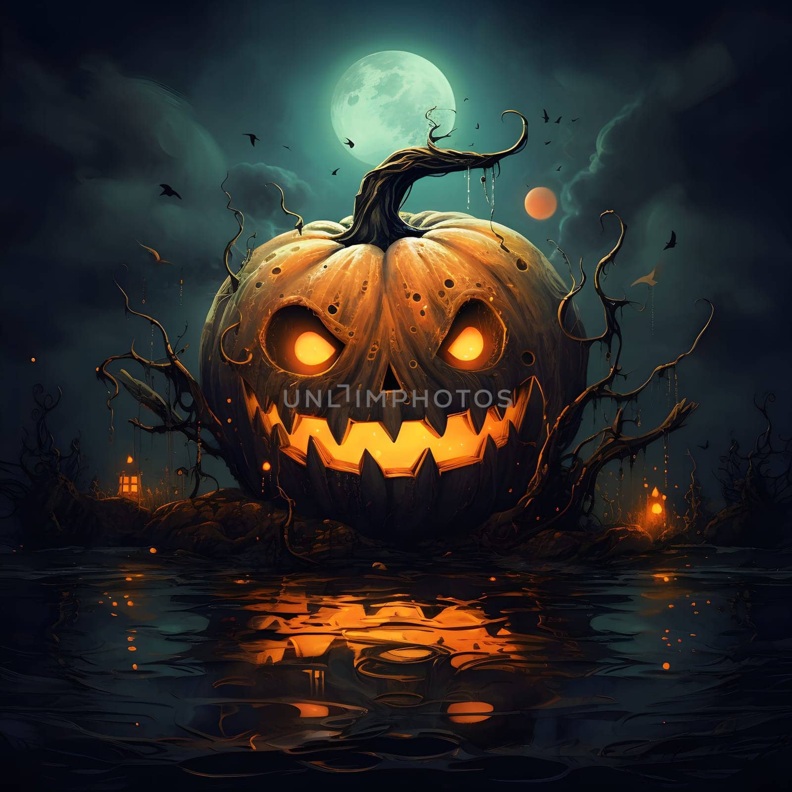 A spooky jack-o-lantern with a menacing smile, illuminated by a full moon, sits in a dark, shadowy forest.