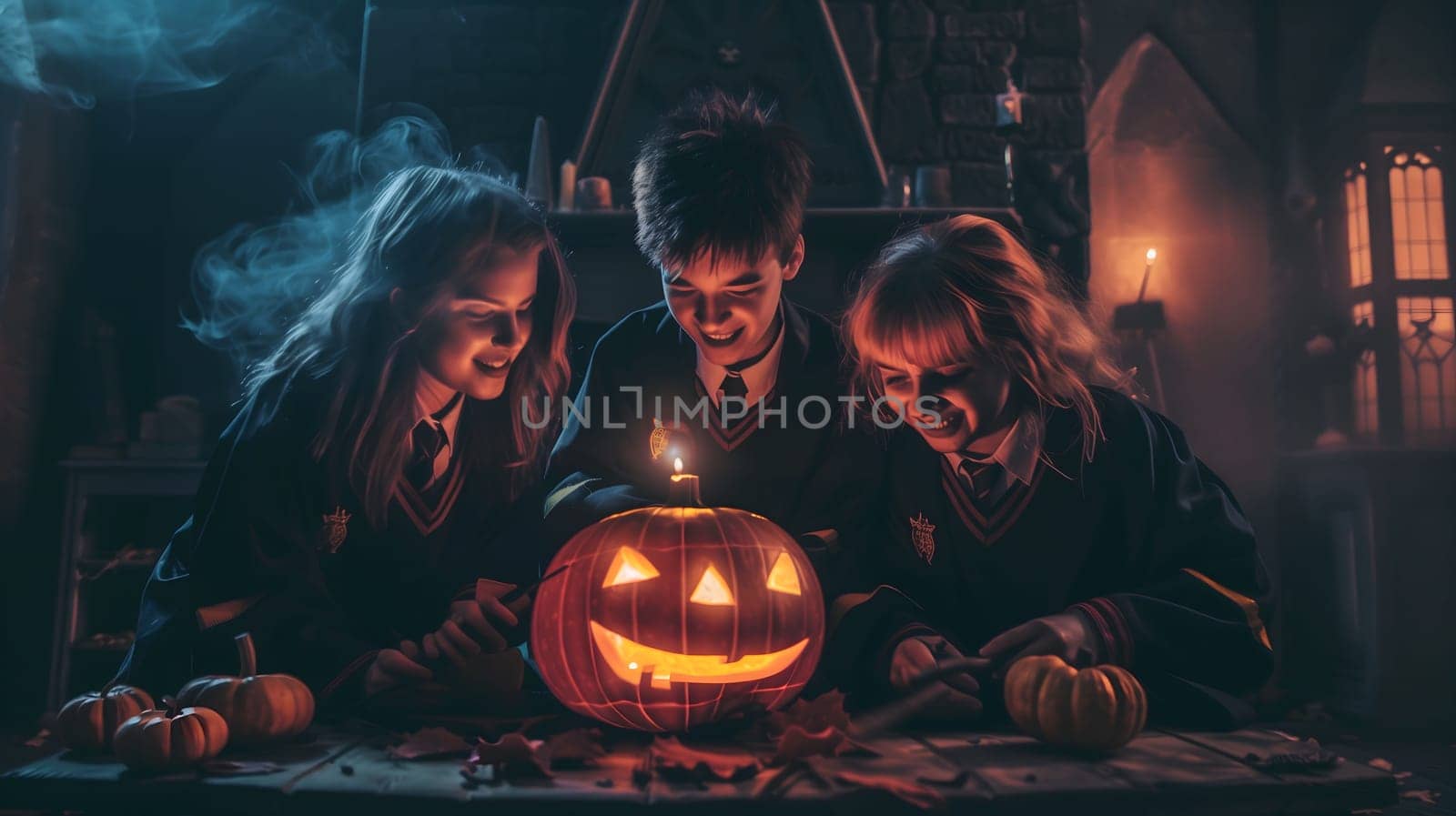 Three friends gather around a lit jack-o-lantern, celebrating Halloween in a dimly lit room with rustic decorations.