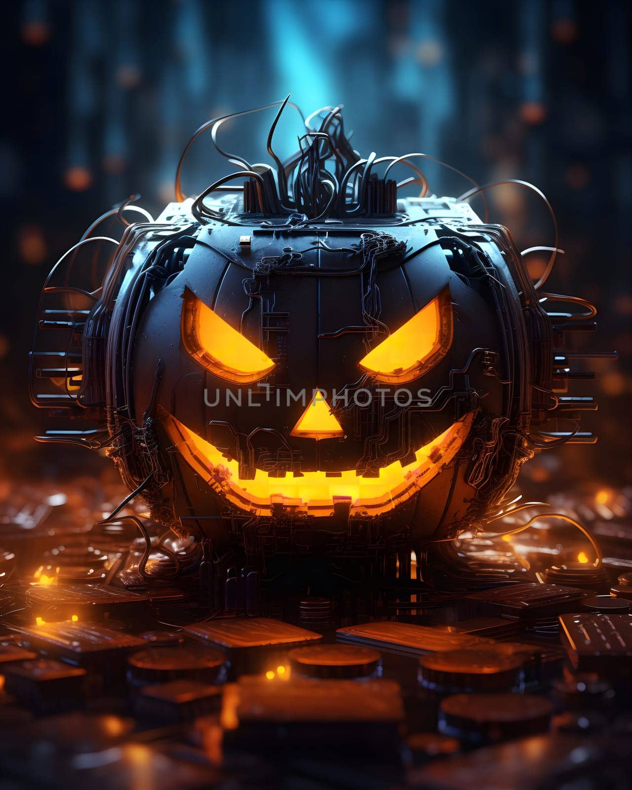 A glowing, cyberpunk-style Halloween pumpkin, with wires and circuits forming a jack-o'-lantern face.