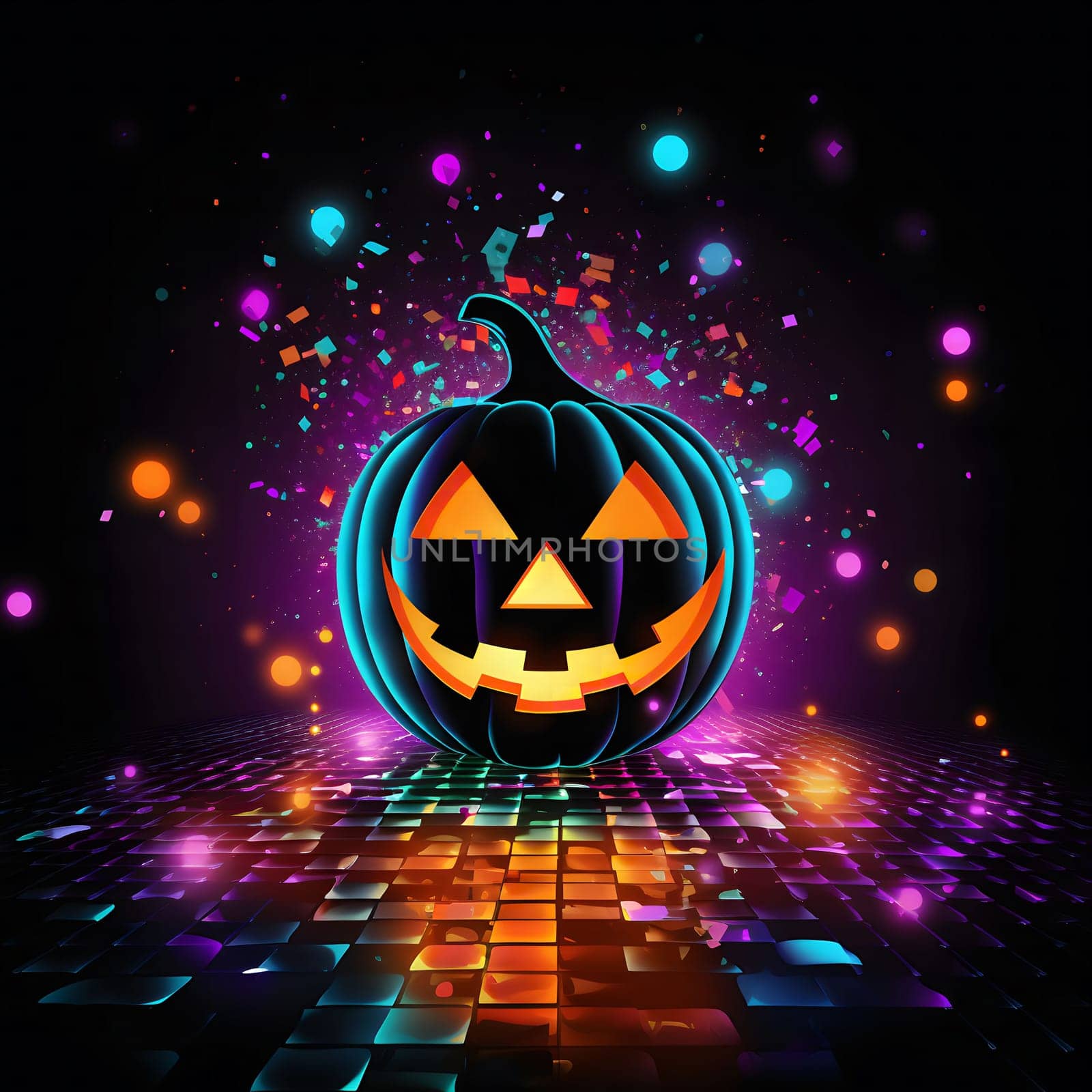A glowing, neon jack-o'-lantern on a dark background with colorful confetti, ready to celebrate Halloween. The image is perfect for a spooky and festive Halloween party.