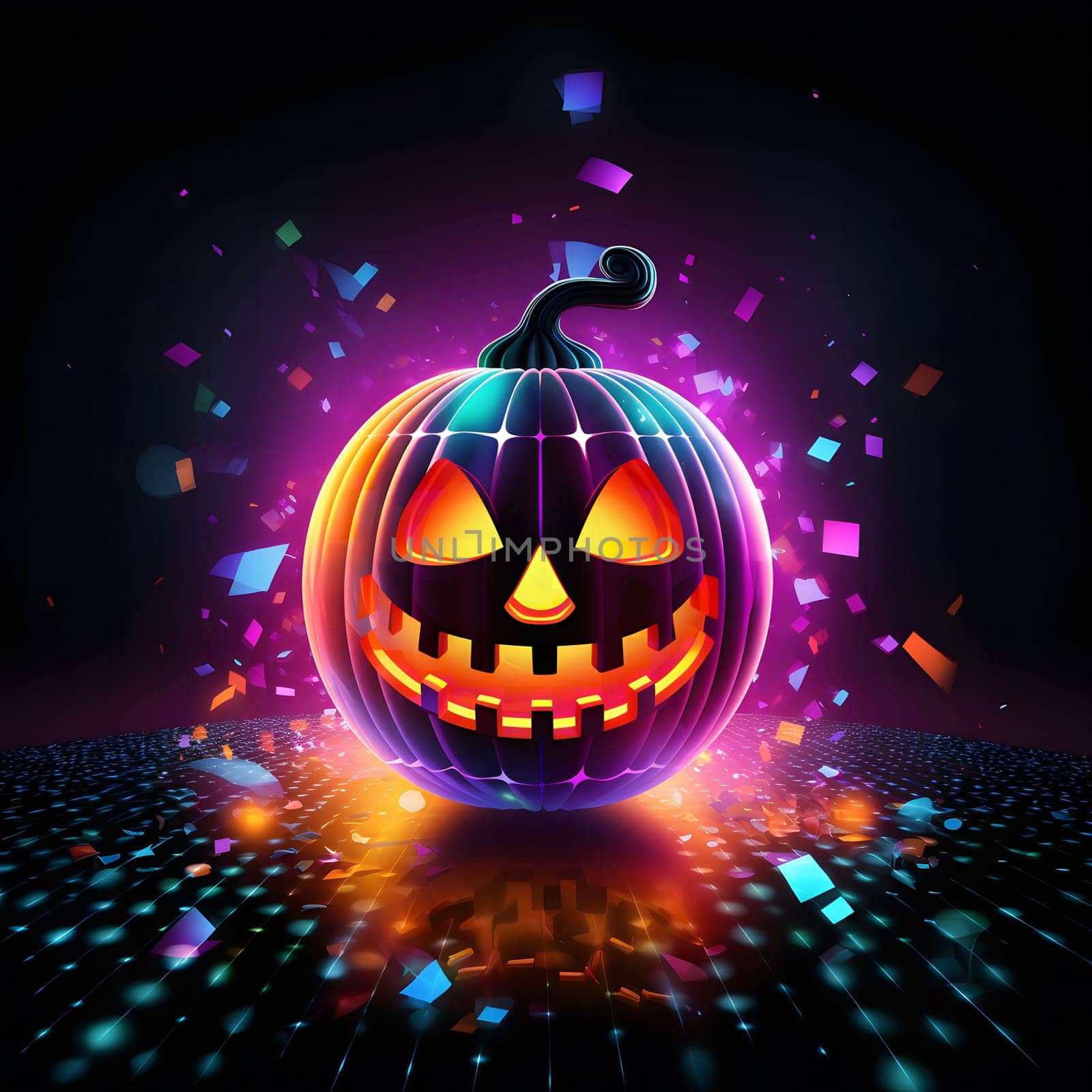 A glowing jack-o'-lantern with confetti against a dark background for Halloween.