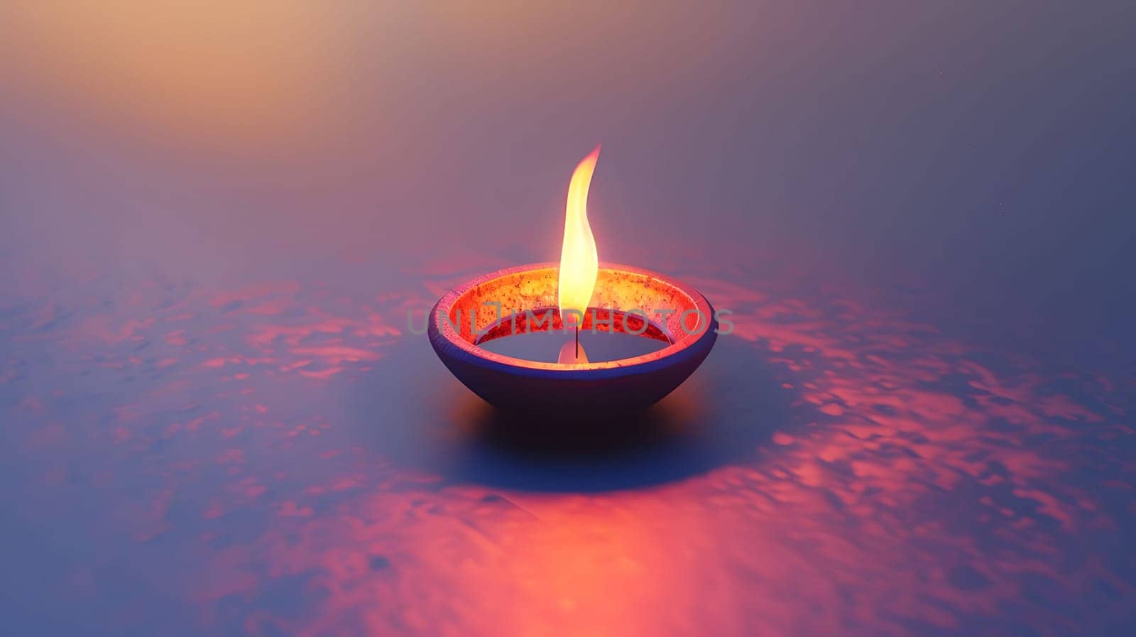 A single candle flame glows brightly against a purple and orange background, symbolizing hope and faith.