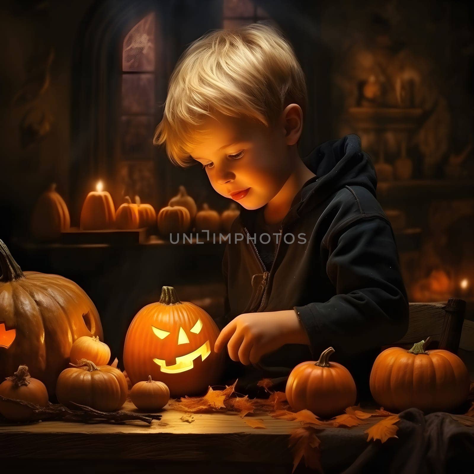 A young boy carving a pumpkin with a happy smile for the Halloween celebration.