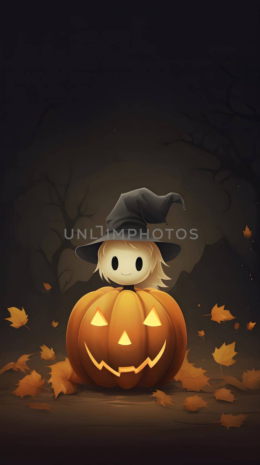 A cute witch wearing a black hat sits inside a glowing jack-o'-lantern against a dark forest background.