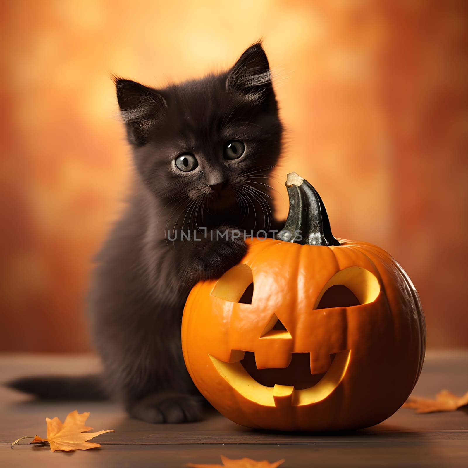 A cute black kitten with big green eyes is sitting next to a carved orange pumpkin. The kitten looks curious and playful, making this a perfect image for Halloween.