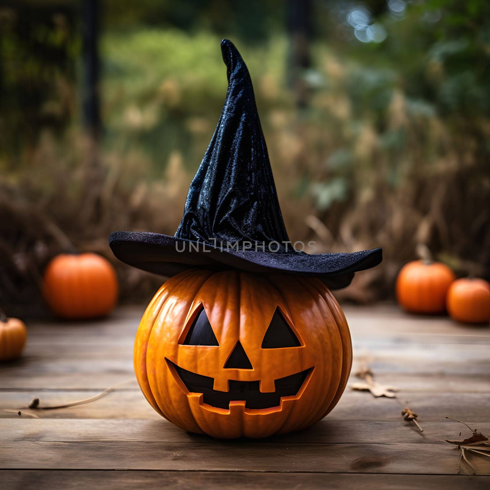 A jack-o'-lantern wearing a witch's hat sits on a wooden table with other pumpkins in the background.