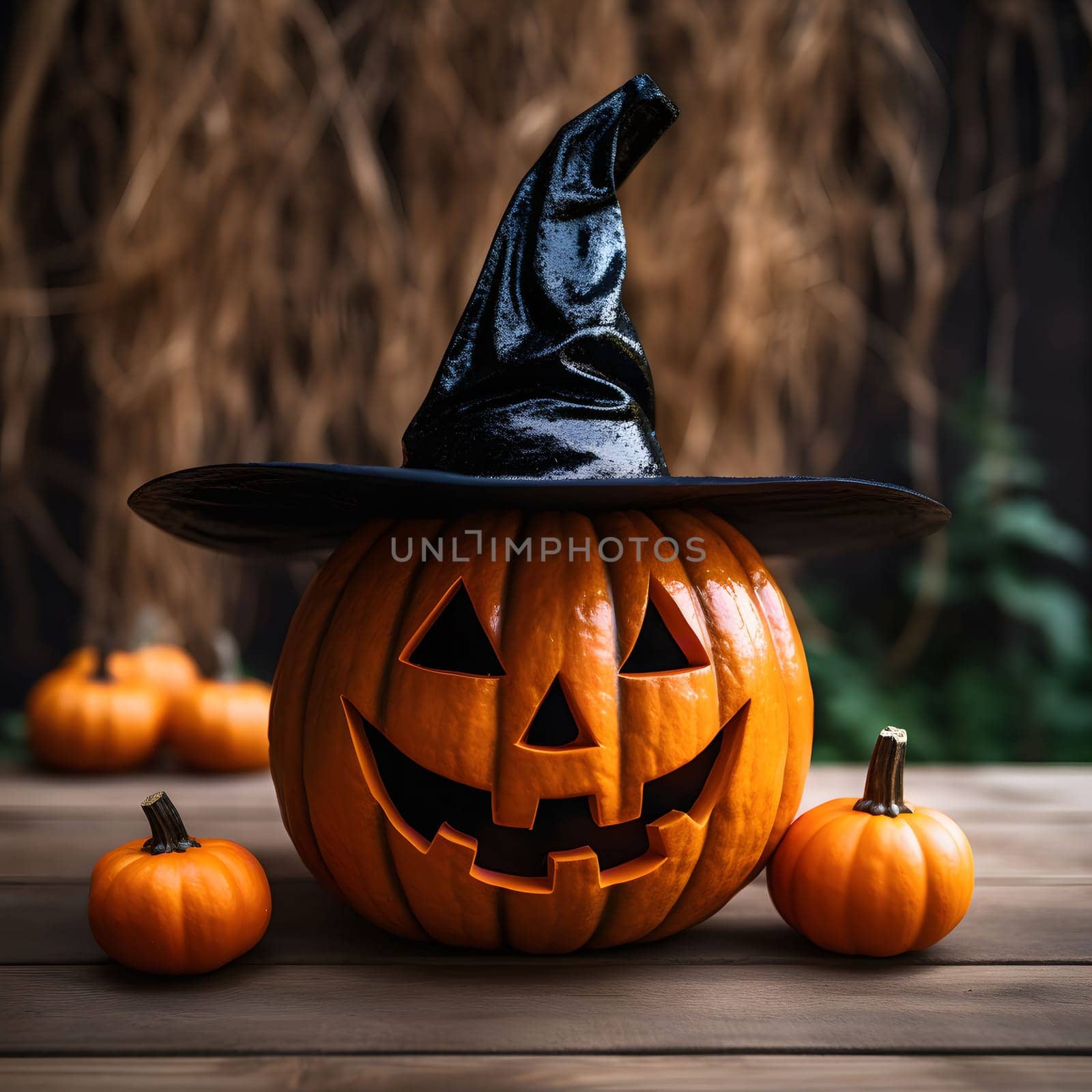 A carved pumpkin wearing a black witch hat, a spooky Halloween decoration