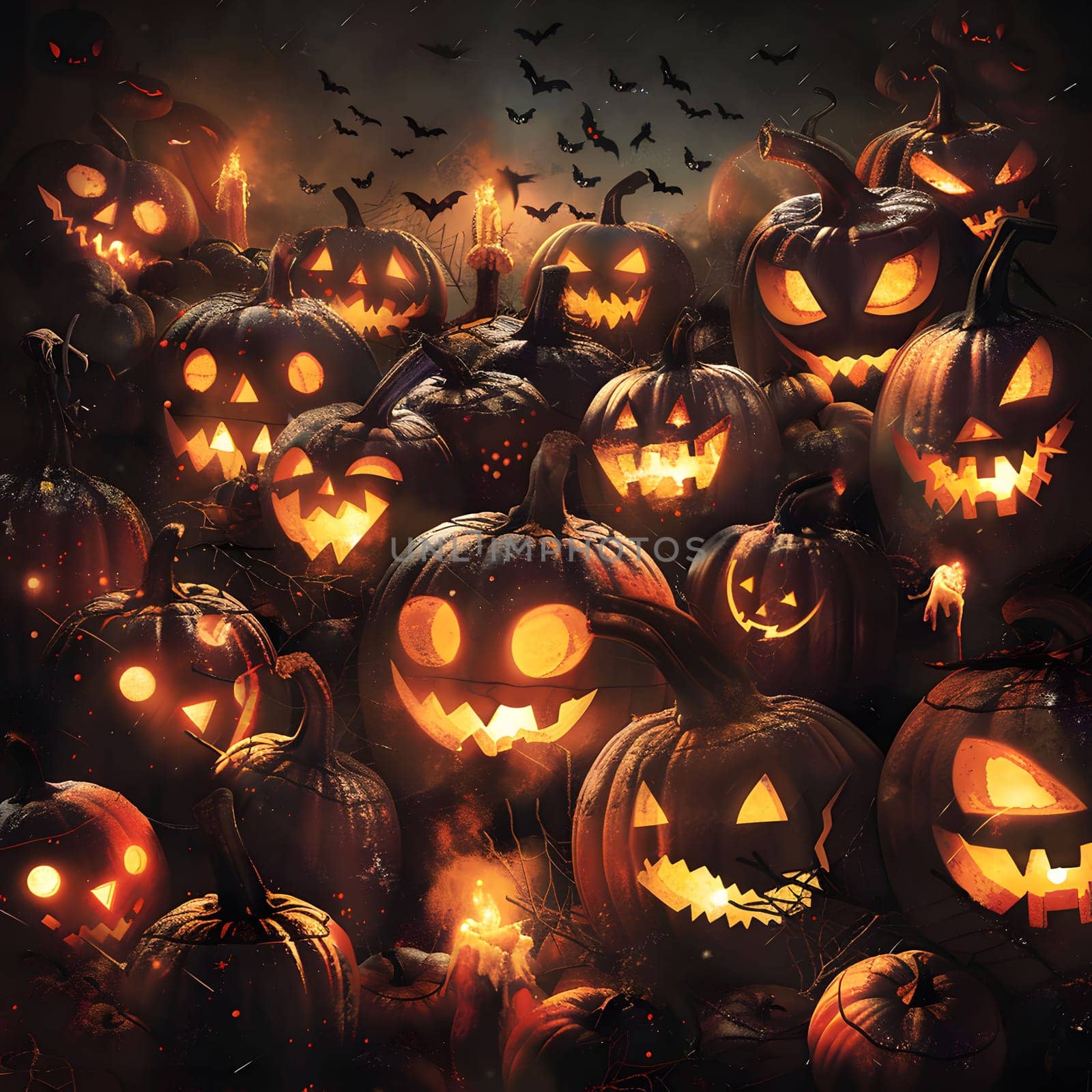 Close-up of a group of glowing pumpkins lit with candles on Halloween night.