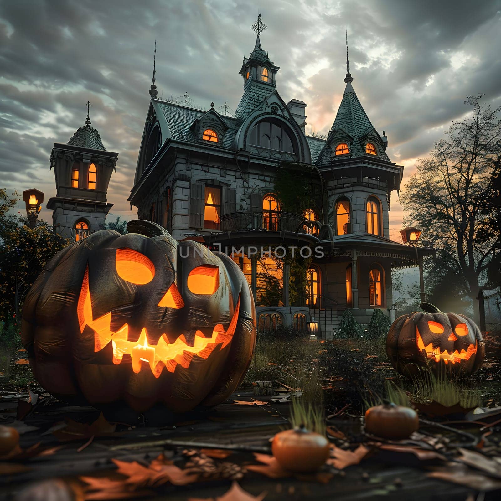 A spooky haunted house with a jack-o'-lantern in the foreground on Halloween night.