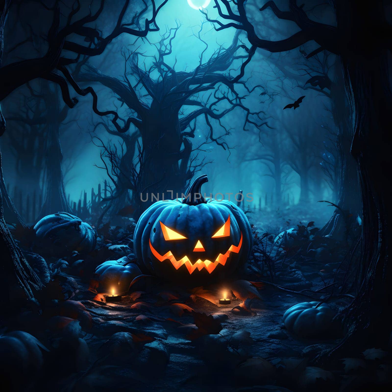 A glowing jack-o-lantern sits in a dark and mysterious forest, surrounded by shadows and eerie trees, creating a spooky Halloween atmosphere.