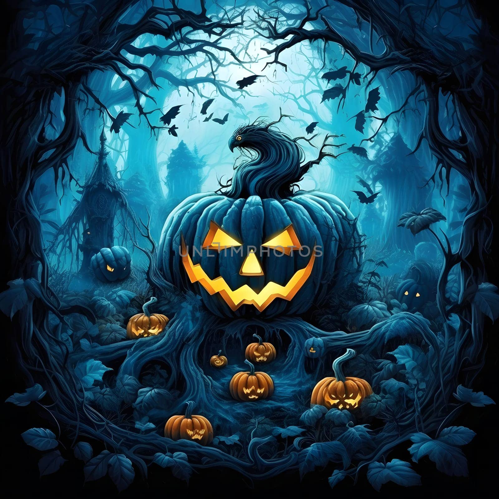 A large jack-o'-lantern in the center, surrounded by smaller pumpkins, stands in a spooky forest, glowing against the dark blue background