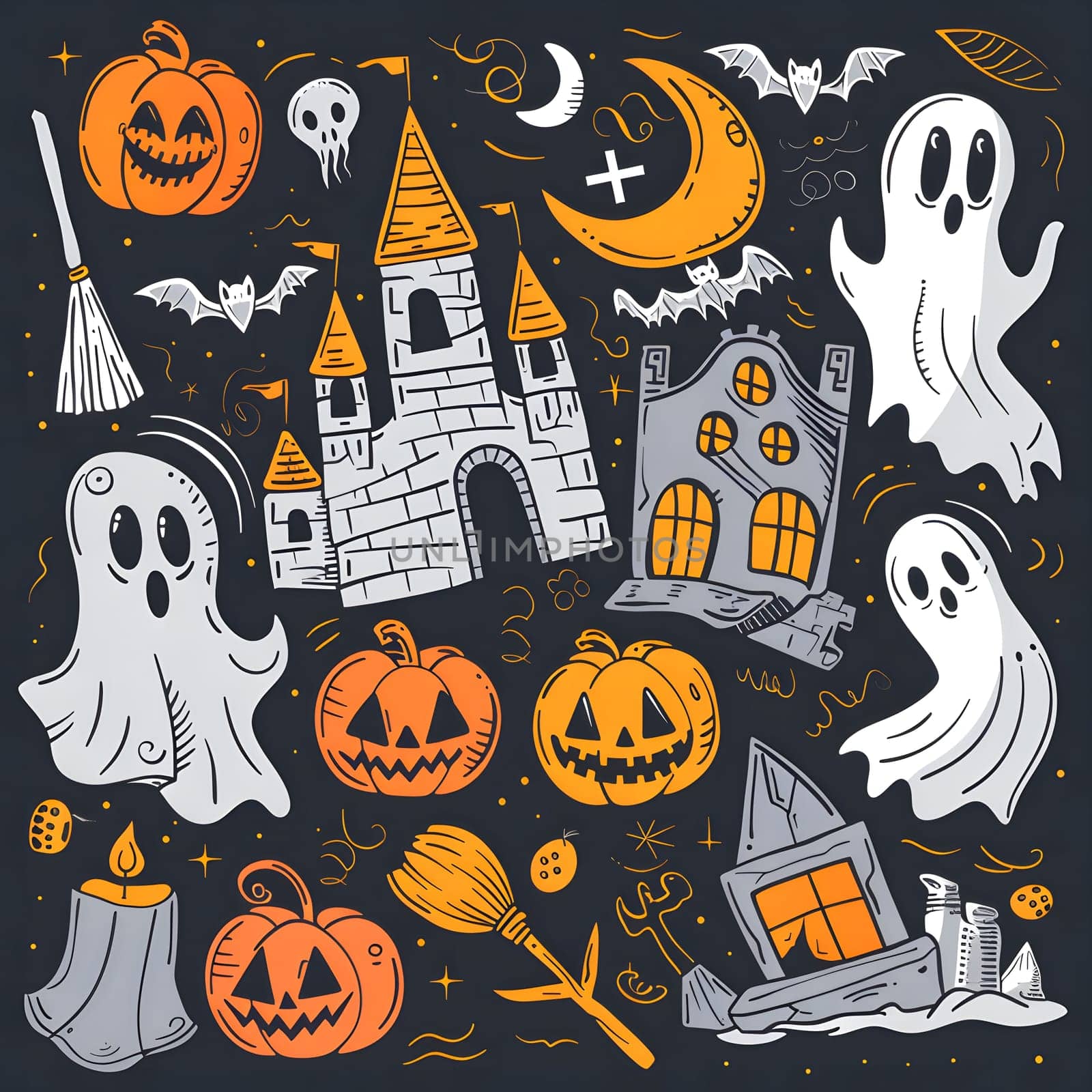 A Halloween themed doodle illustration featuring pumpkins, ghosts, bats, a castle, a house, a broom, a moon, and other spooky elements.