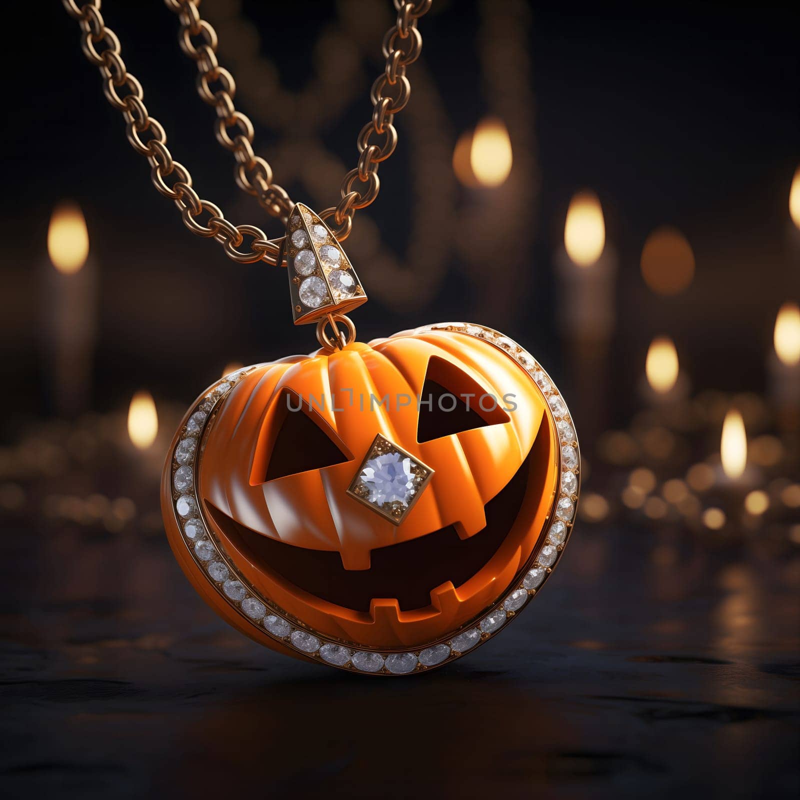 A close-up of a diamond pumpkin pendant, with a dark blurry background