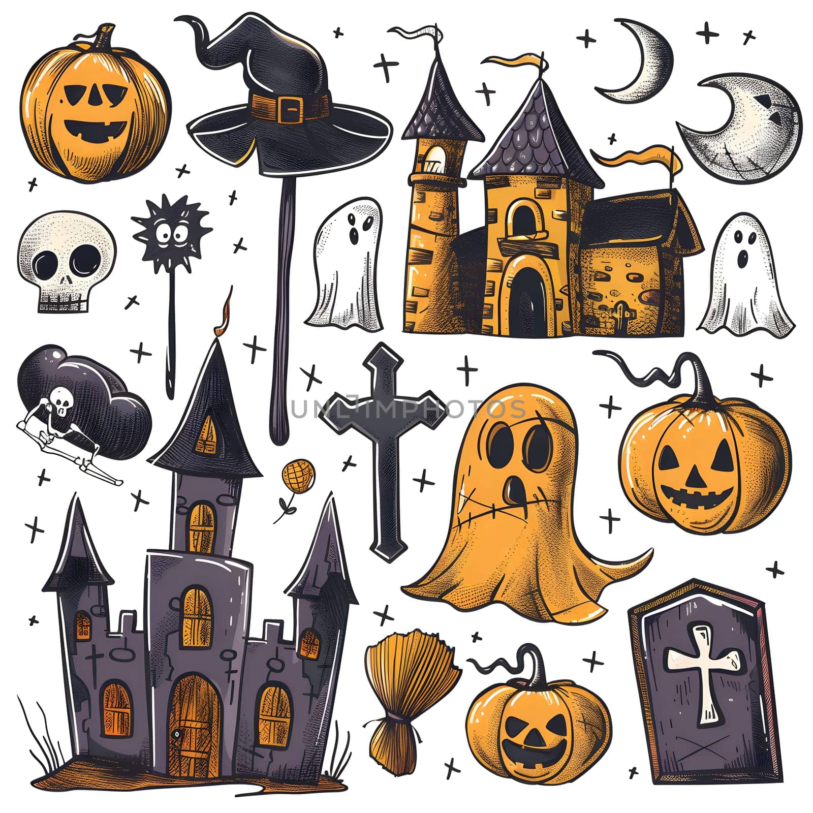 Cartoon Halloween illustration with a castle, pumpkins, ghosts, witches and more.