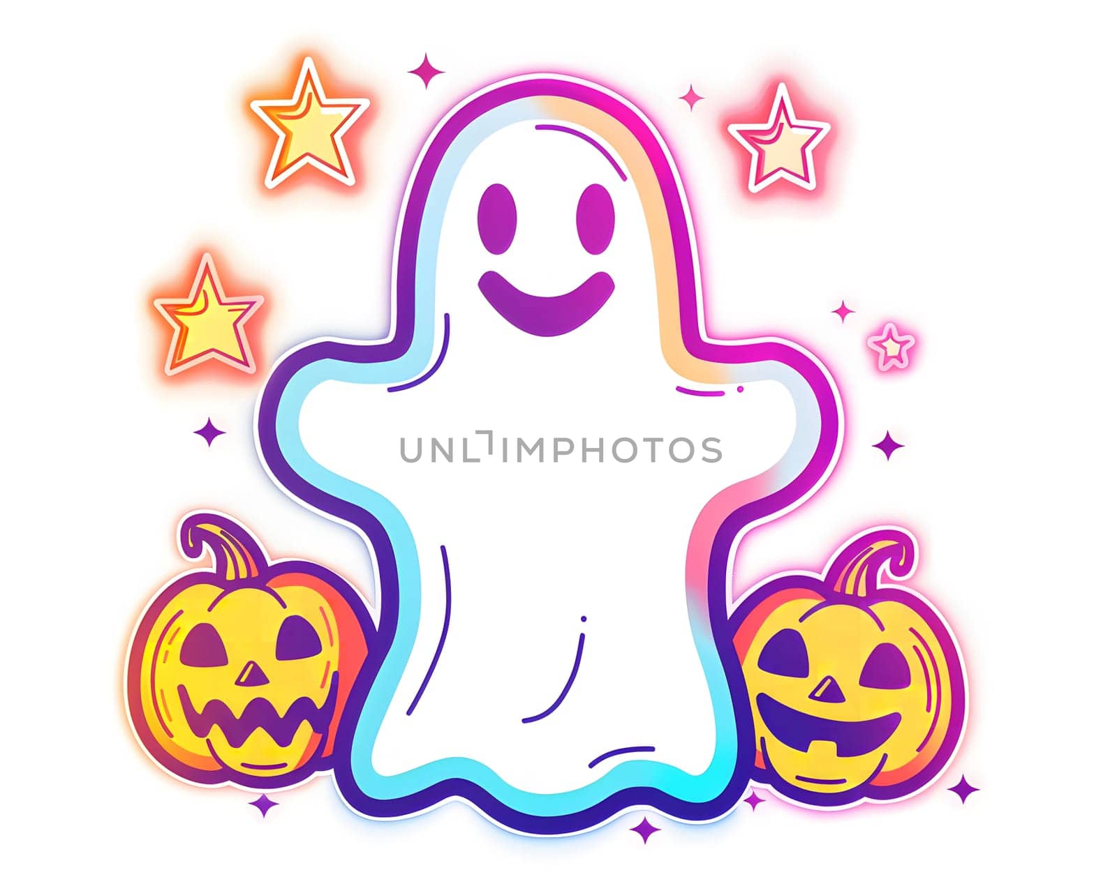 A cute cartoon ghost with a friendly smile surrounded by neon yellow pumpkins and glowing stars, perfect for a festive Halloween celebration.