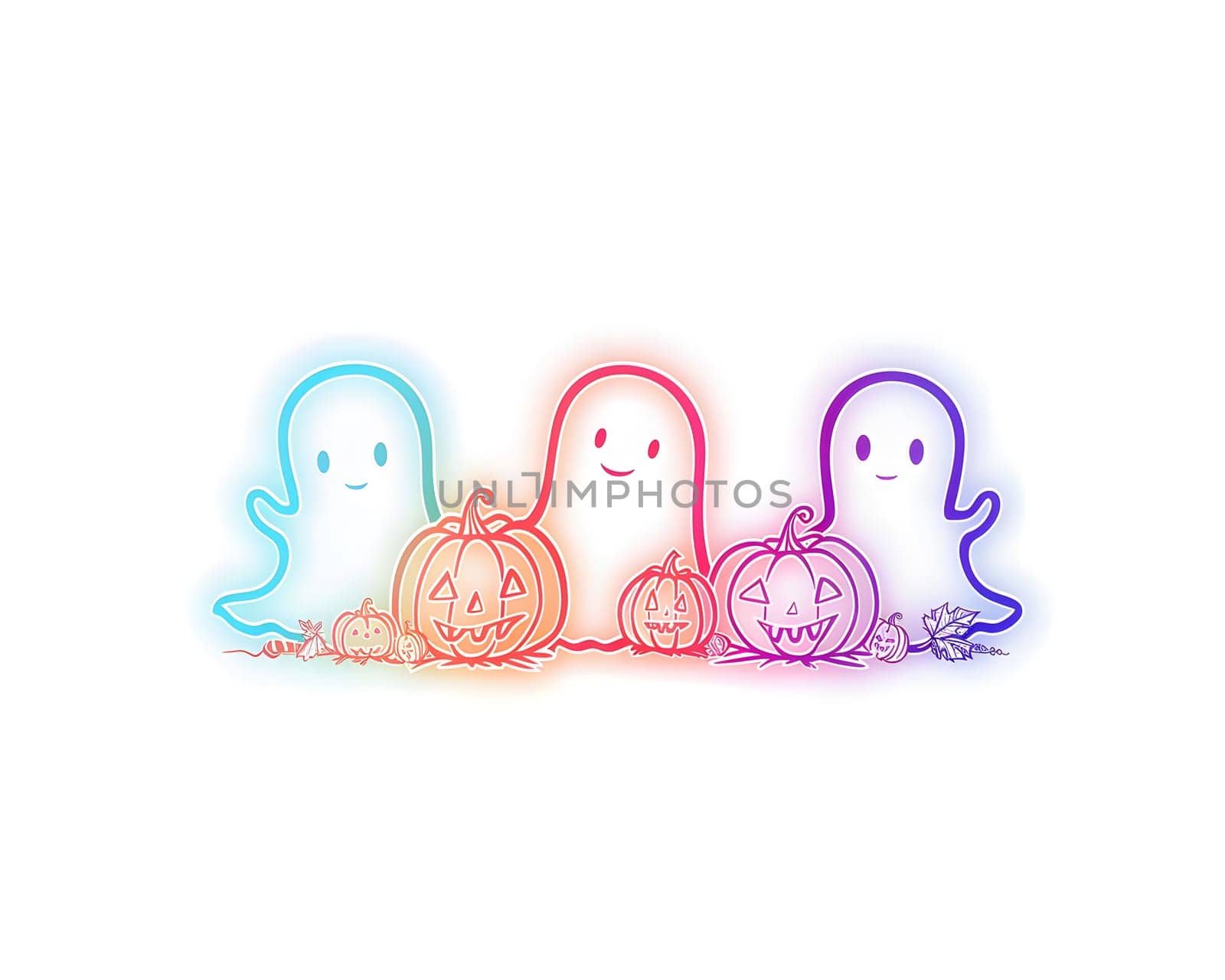 Three cute ghosts with a happy expression, surrounded by pumpkins. A perfect image for Halloween decoration.
