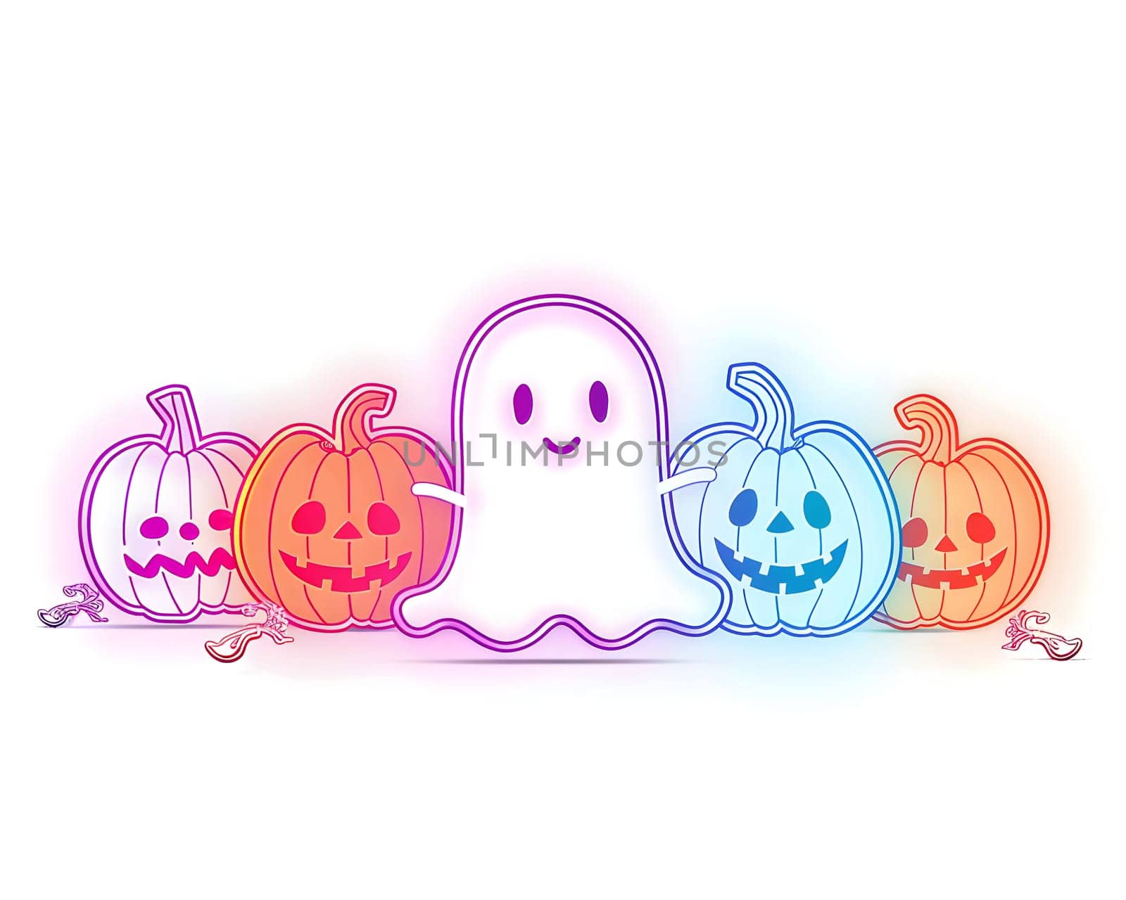 A cheerful Halloween illustration featuring four pumpkins and a friendly ghost, all with glowing neon colors.