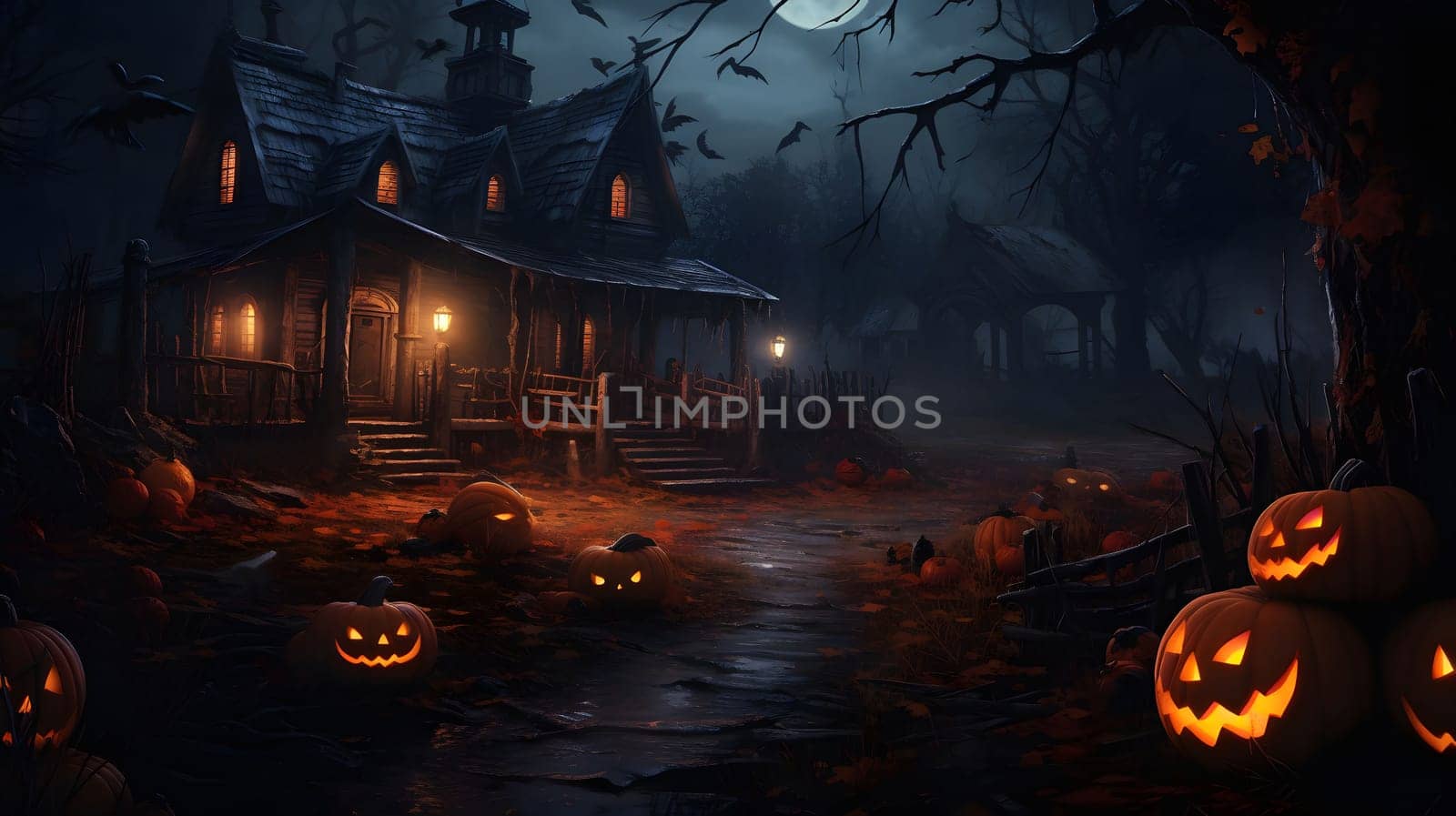 A spooky house with glowing pumpkins in a dark forest on a misty Halloween night.