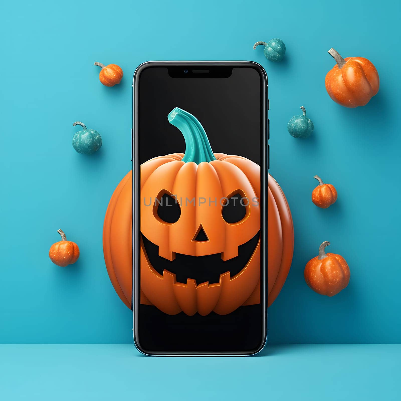 A jack-o'-lantern displayed on a smartphone screen surrounded by mini pumpkins.