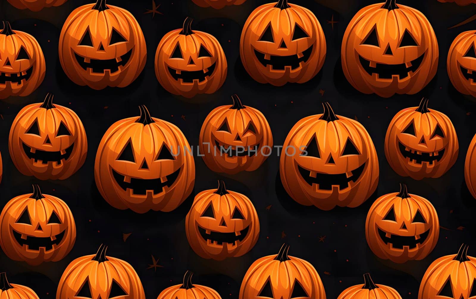 A seamless pattern featuring jack-o'-lanterns with happy carved faces on a black background. Perfect for Halloween decorations, greeting cards, and festive designs.