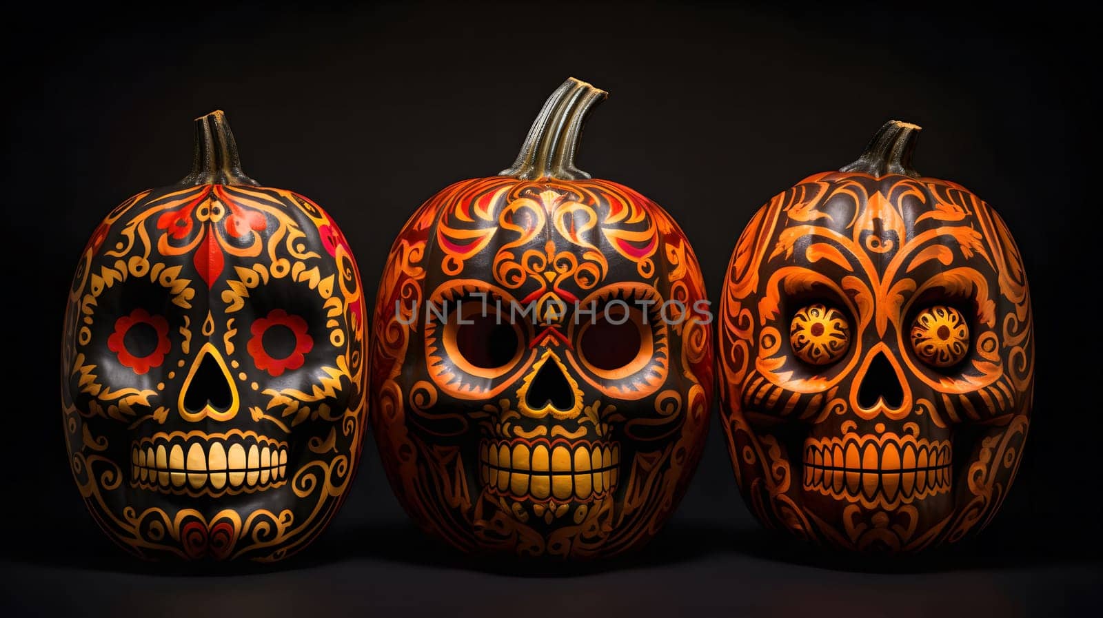 Three pumpkins carved into skull shapes, decorated with vibrant colors and intricate patterns, against a black background.