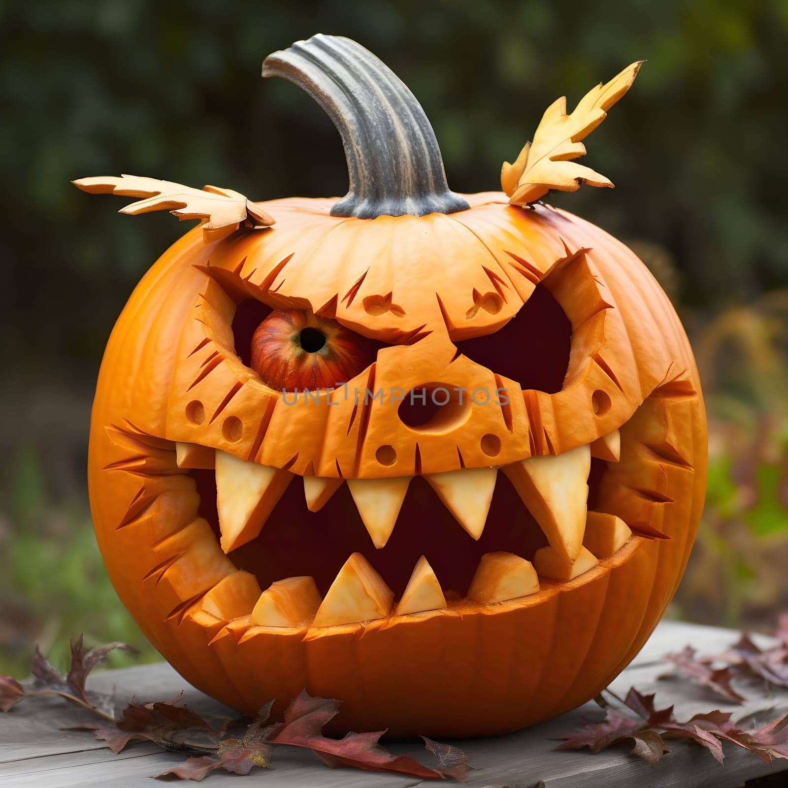 A close-up shot of a carved pumpkin with a scary face, perfect for Halloween decorations. The pumpkin is lit from within, casting an eerie glow.