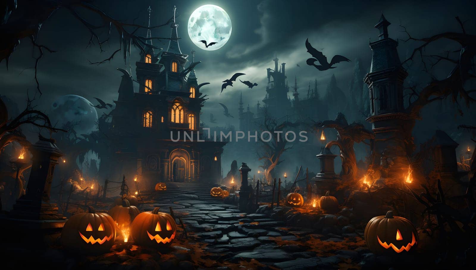 A spooky Halloween night in a village with a haunted house, graveyard and pumpkins. The moon shines brightly, casting long shadows, and bats fly overhead.