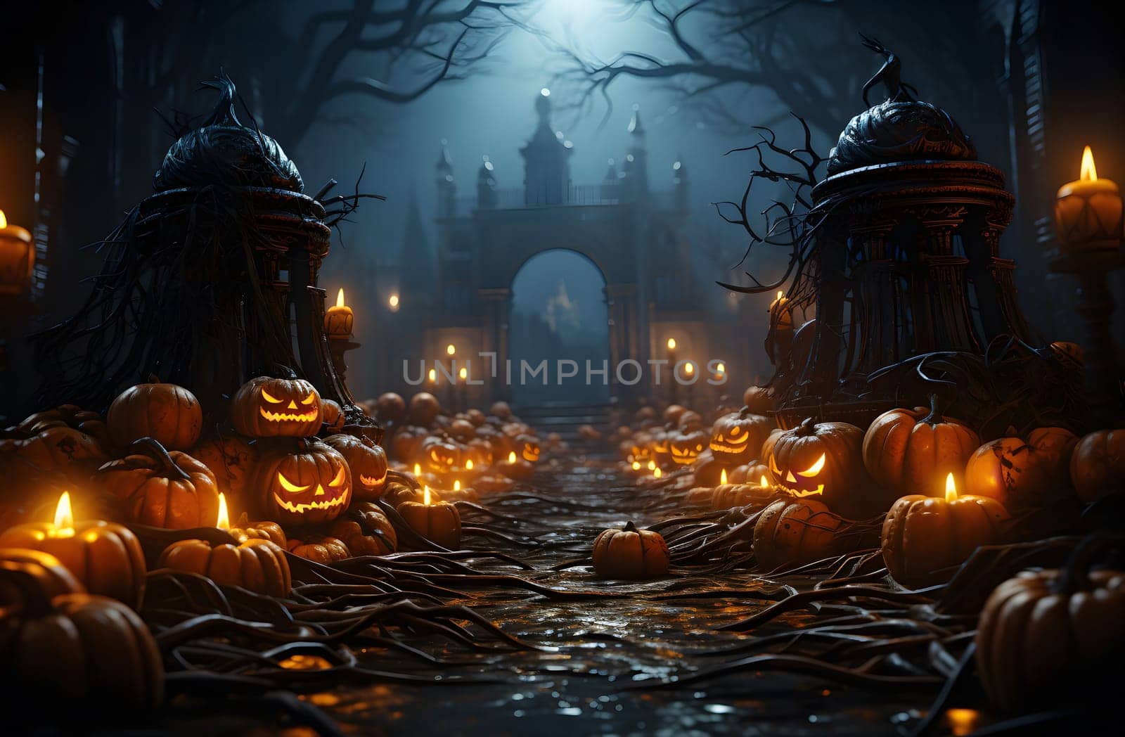 A spooky Halloween path lined with jack-o'-lanterns and candles, leading to a mysterious castle gate in the distance.