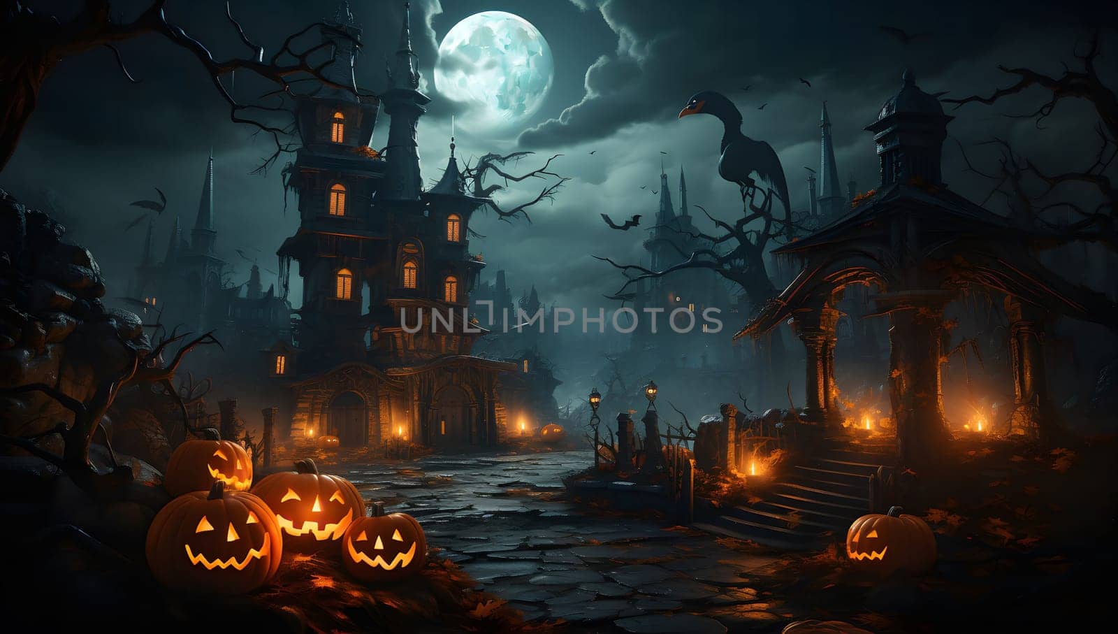 A dark and eerie Halloween night in a haunted town with spooky houses, jack-o-lanterns, and a full moon.